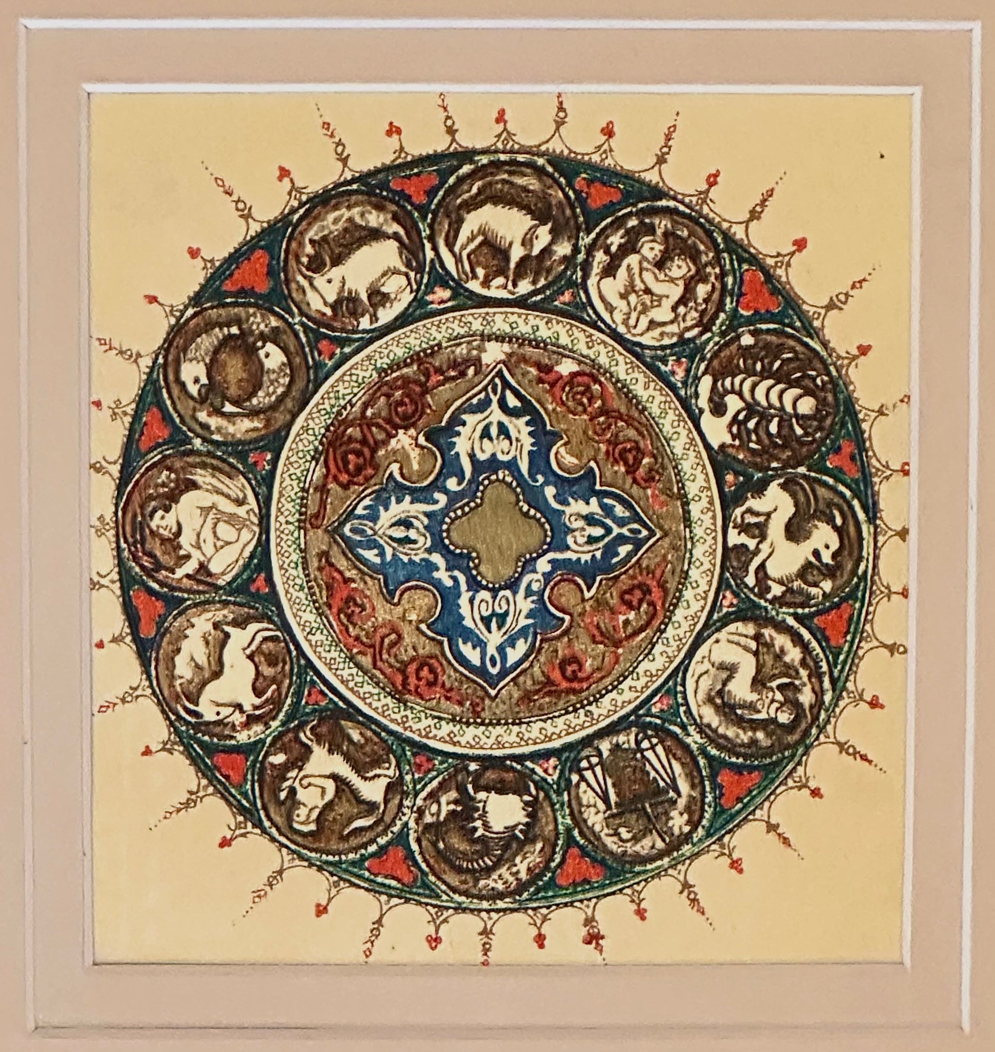 1925 Mariette Lydis gilded offset lithograph, “Zodiac”, mandala, framed art, antique