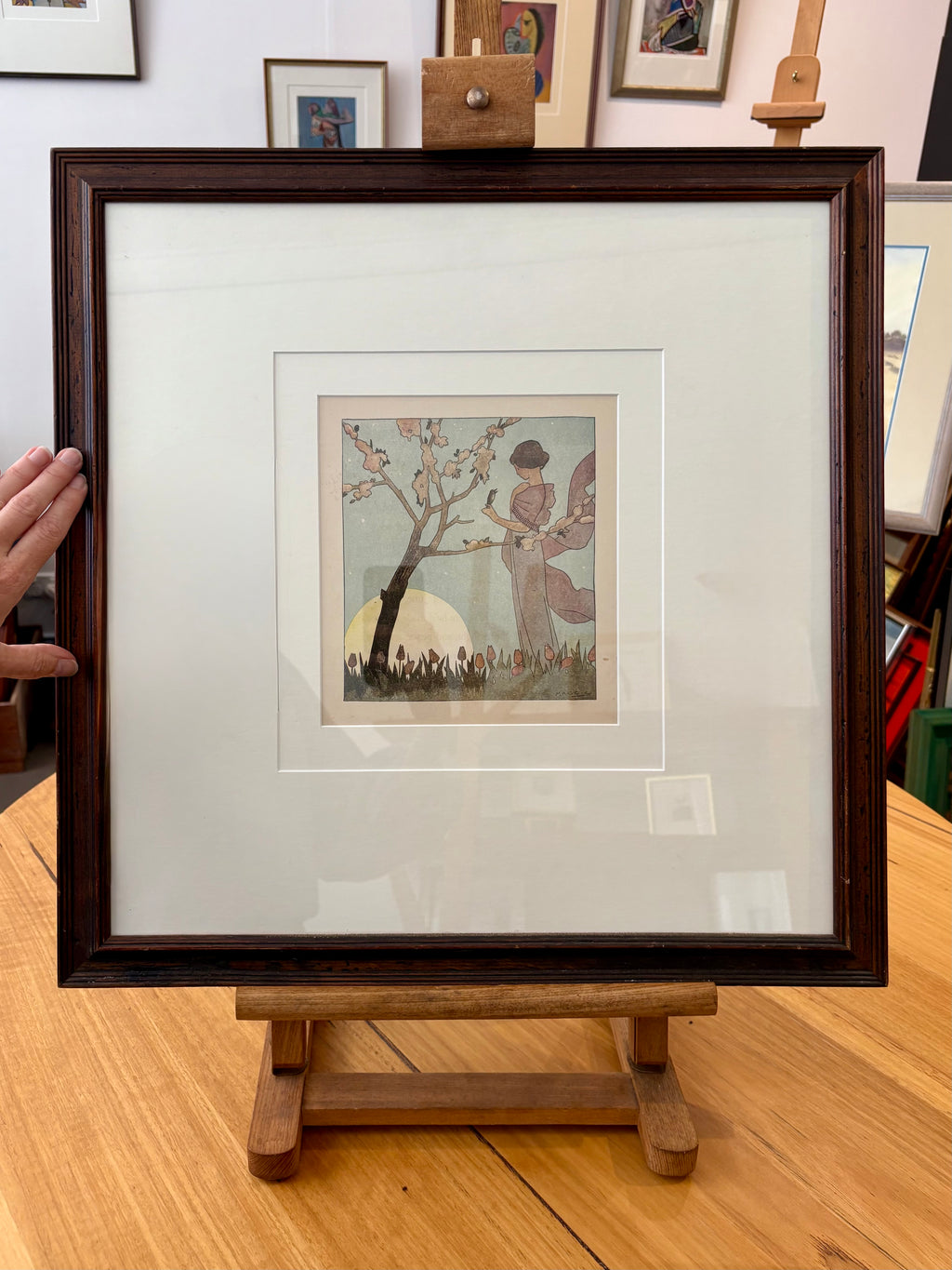 Rare original Art Deco woodblock print, 1911 antique, Maggie Salcedo, French framed art