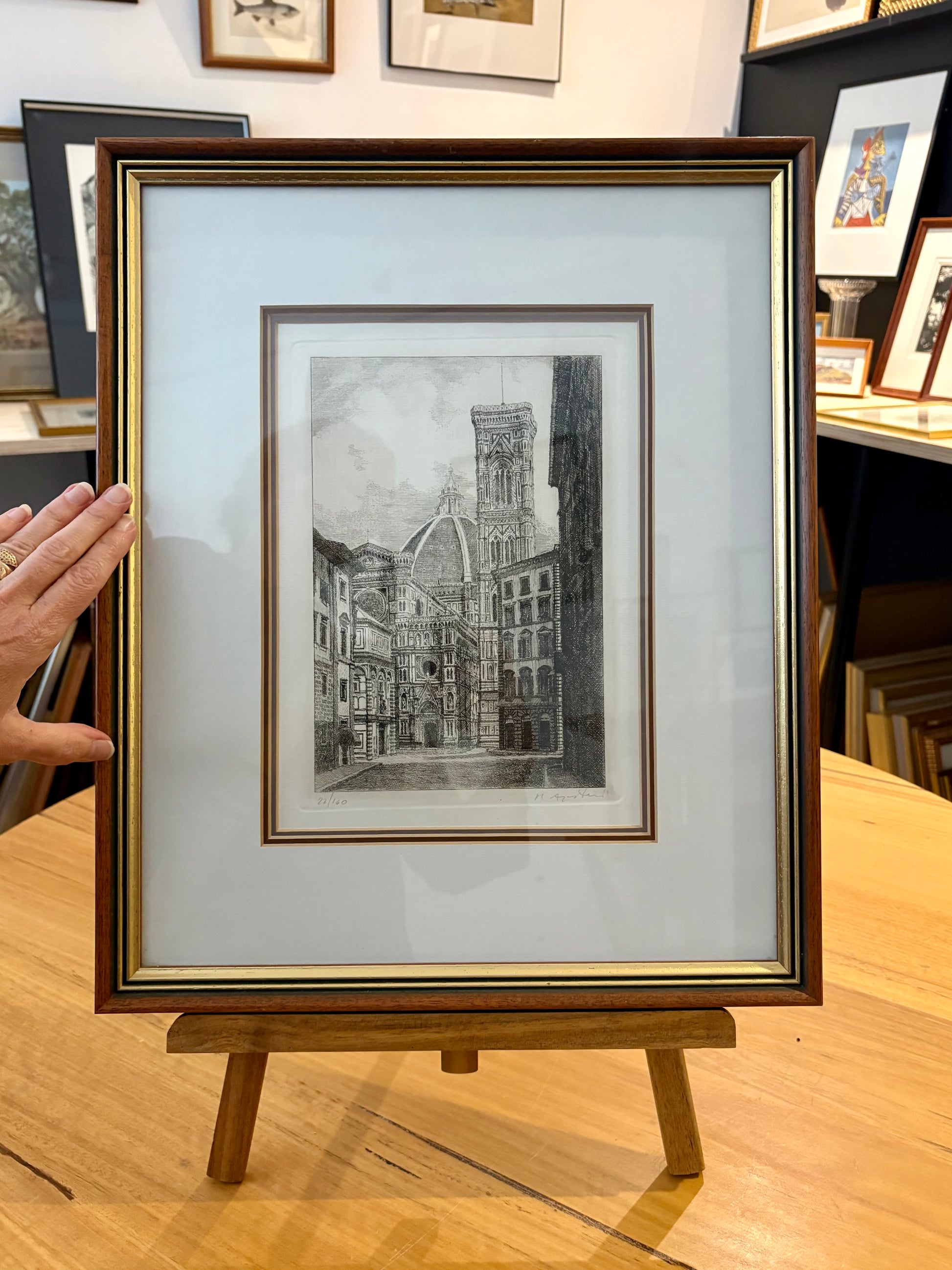 Signed original etching, Florence, framed vintage art