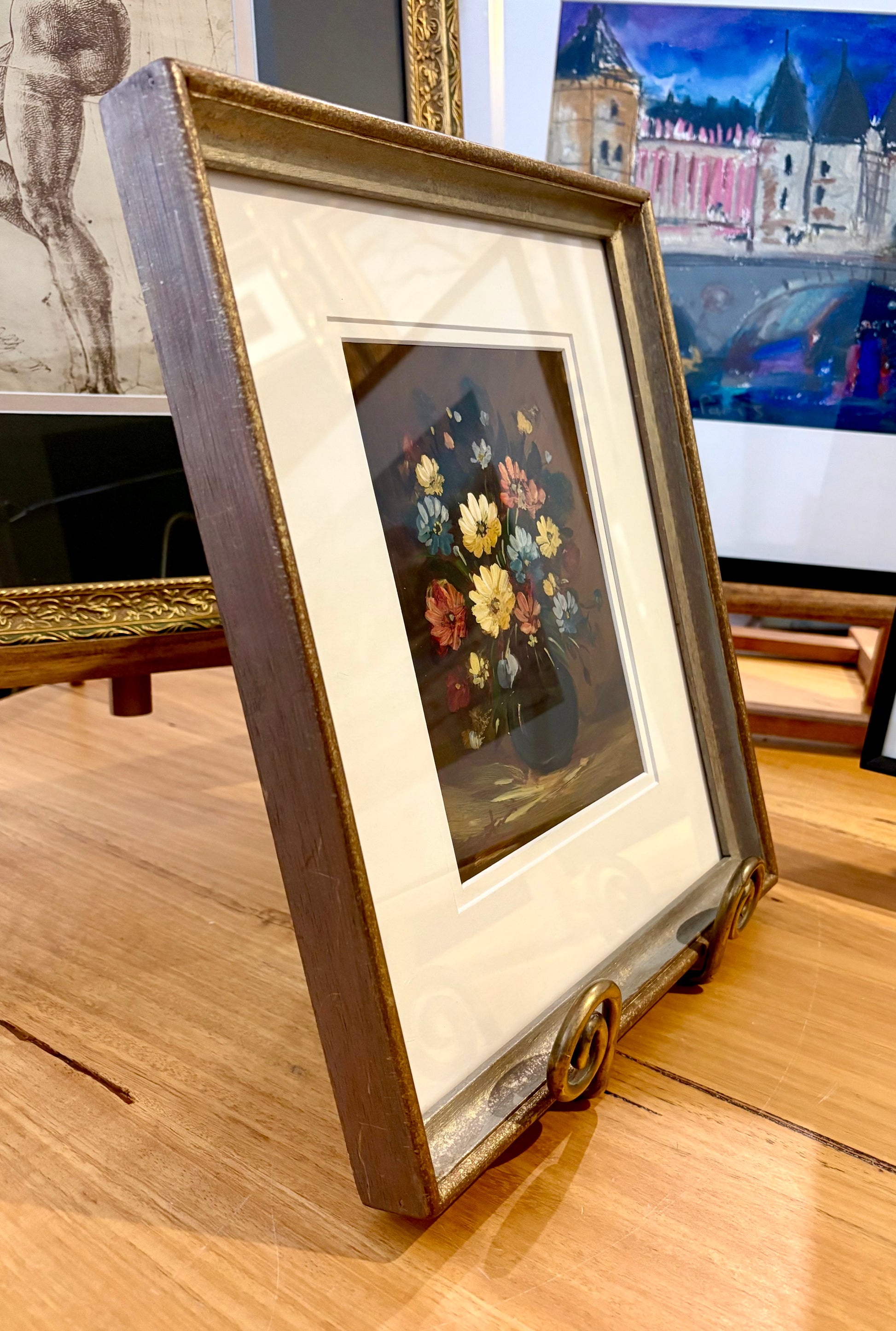 Original still-life painting on copper, daisies, framed art