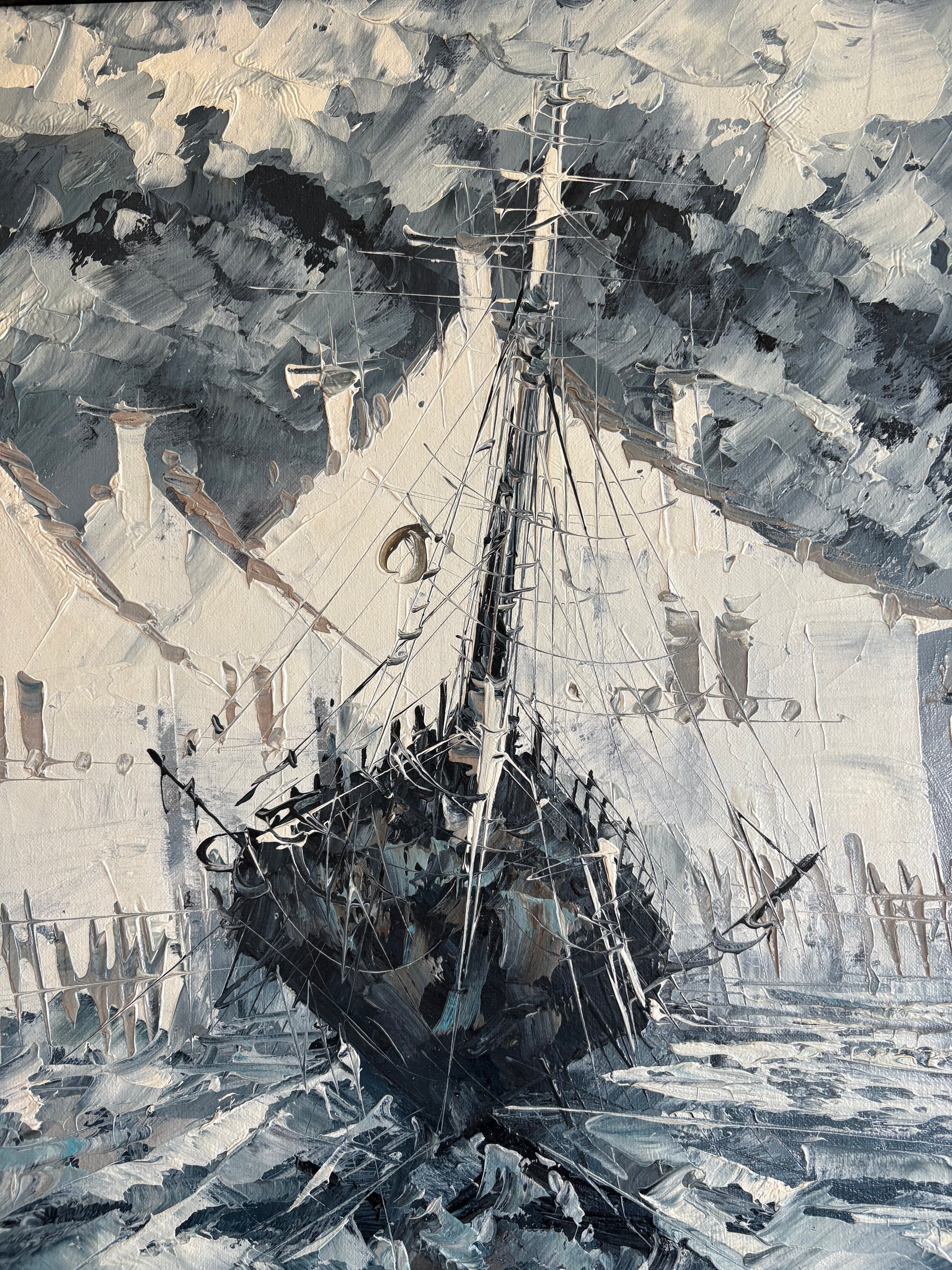 Mid century original oil painting on board, harbour, boats, vintage framed art