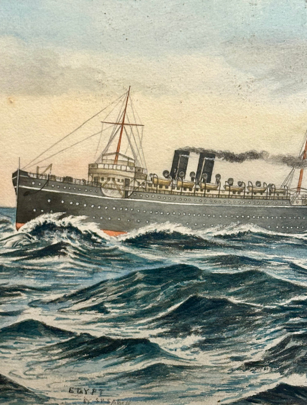 1900s Original watercolour painting, ship, antique framed art