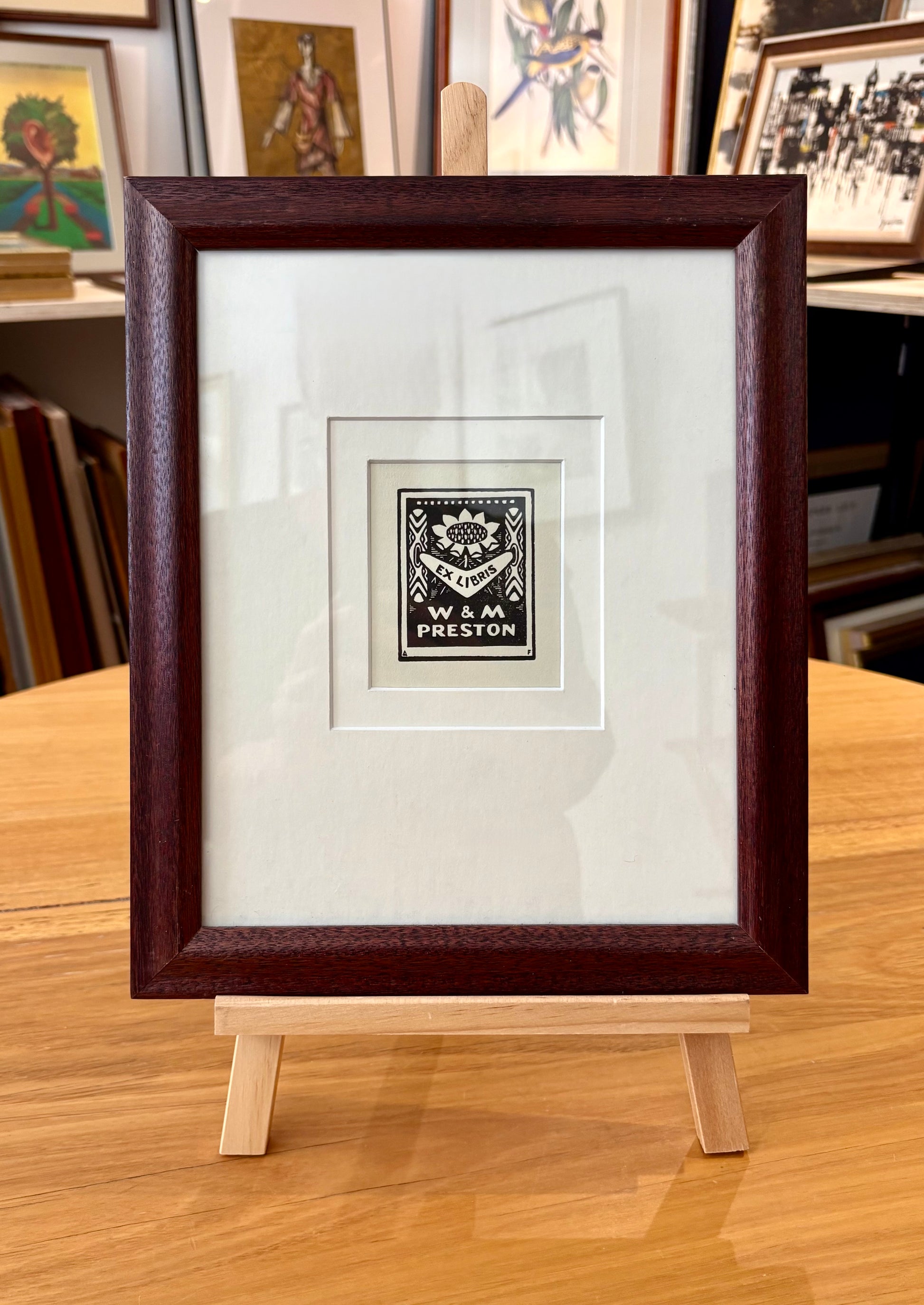 1920s original woodblock print, Bookplate for Margaret Preston, Adrian Feint, framed art