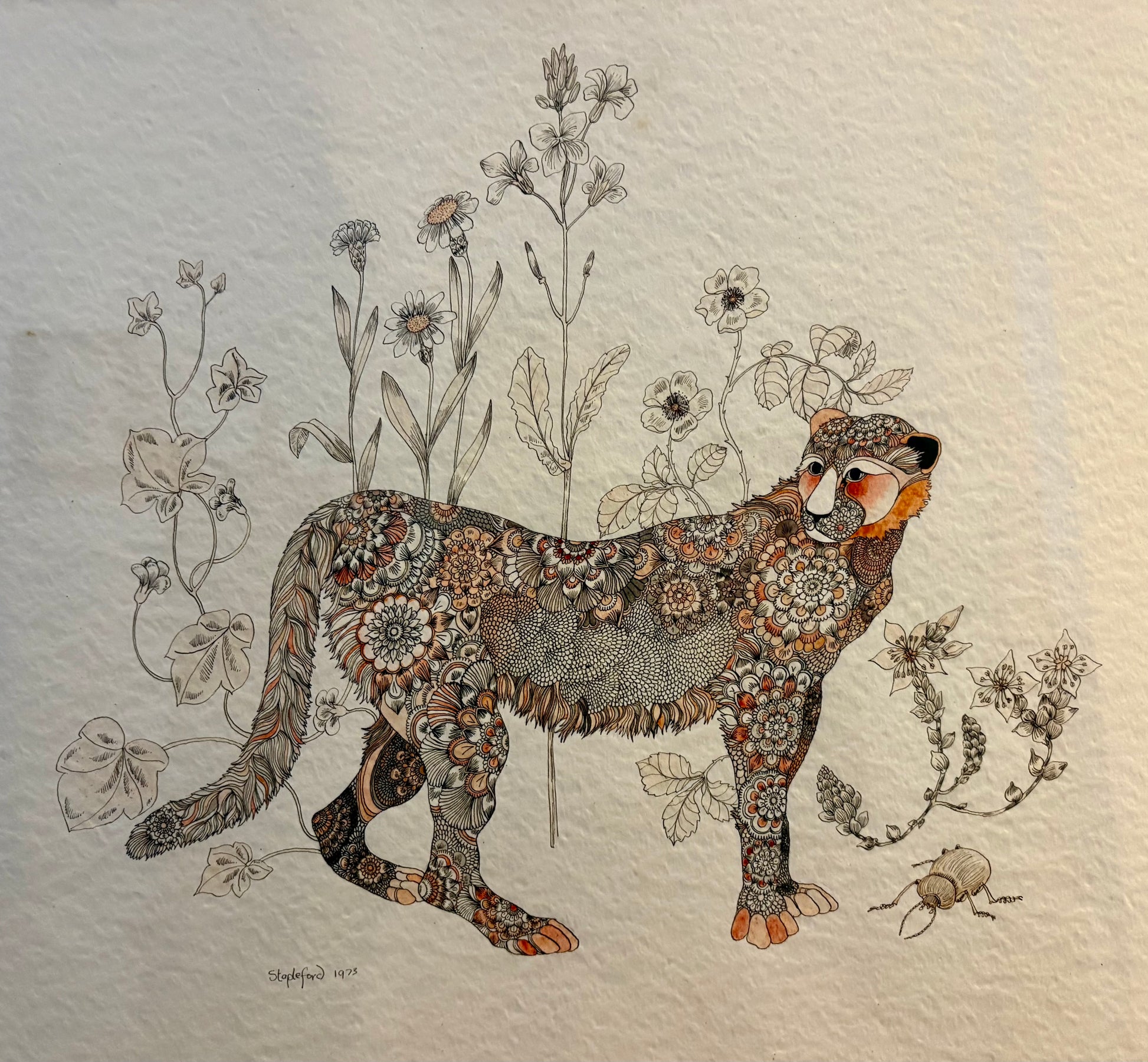 Original 1973 Jane Stapleford drawing with ink wash, fantasy, retro framed art