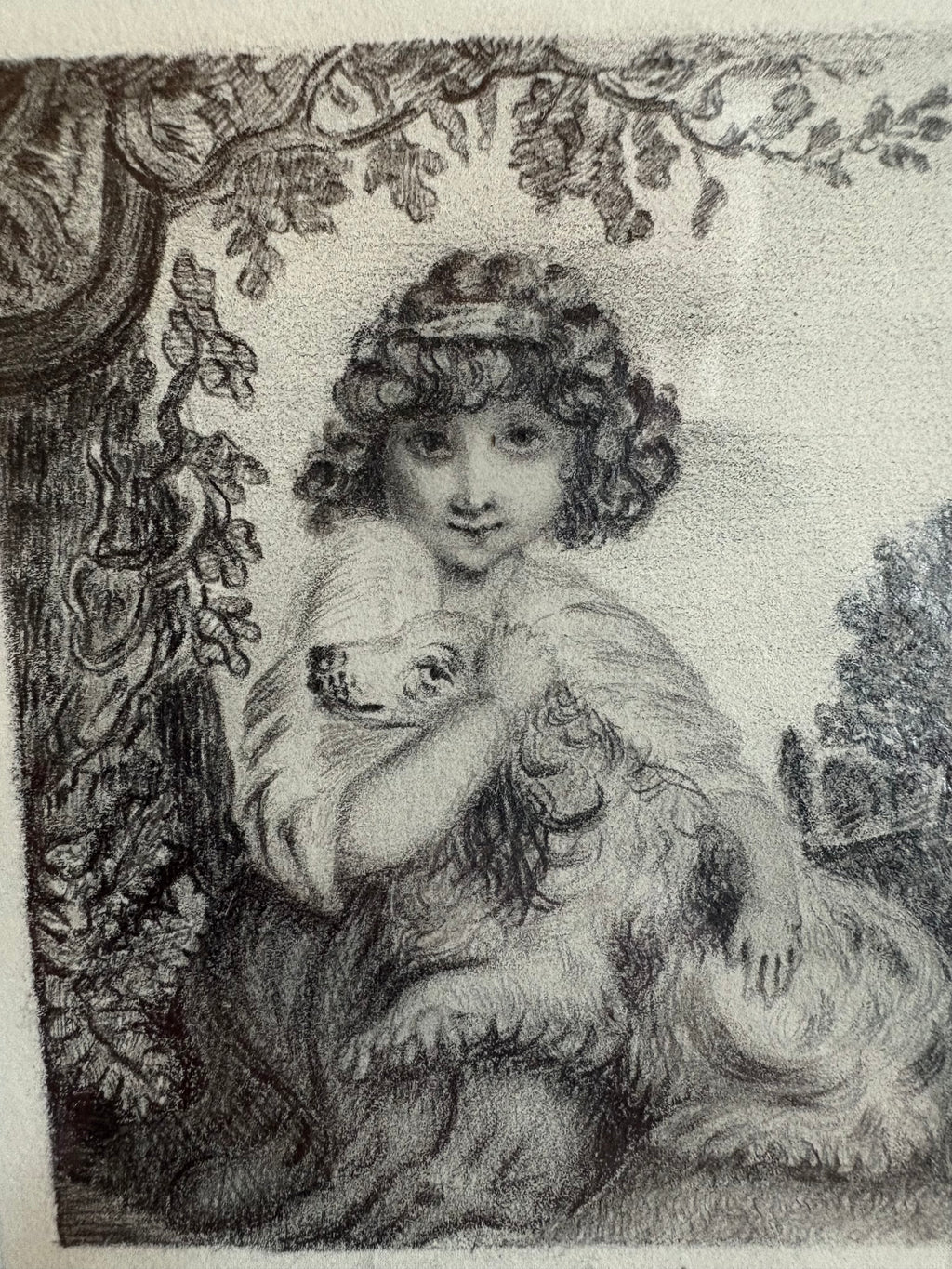 1830's Georgian original pencil drawing painting, Mary-Anne Glasscott, girl with dog