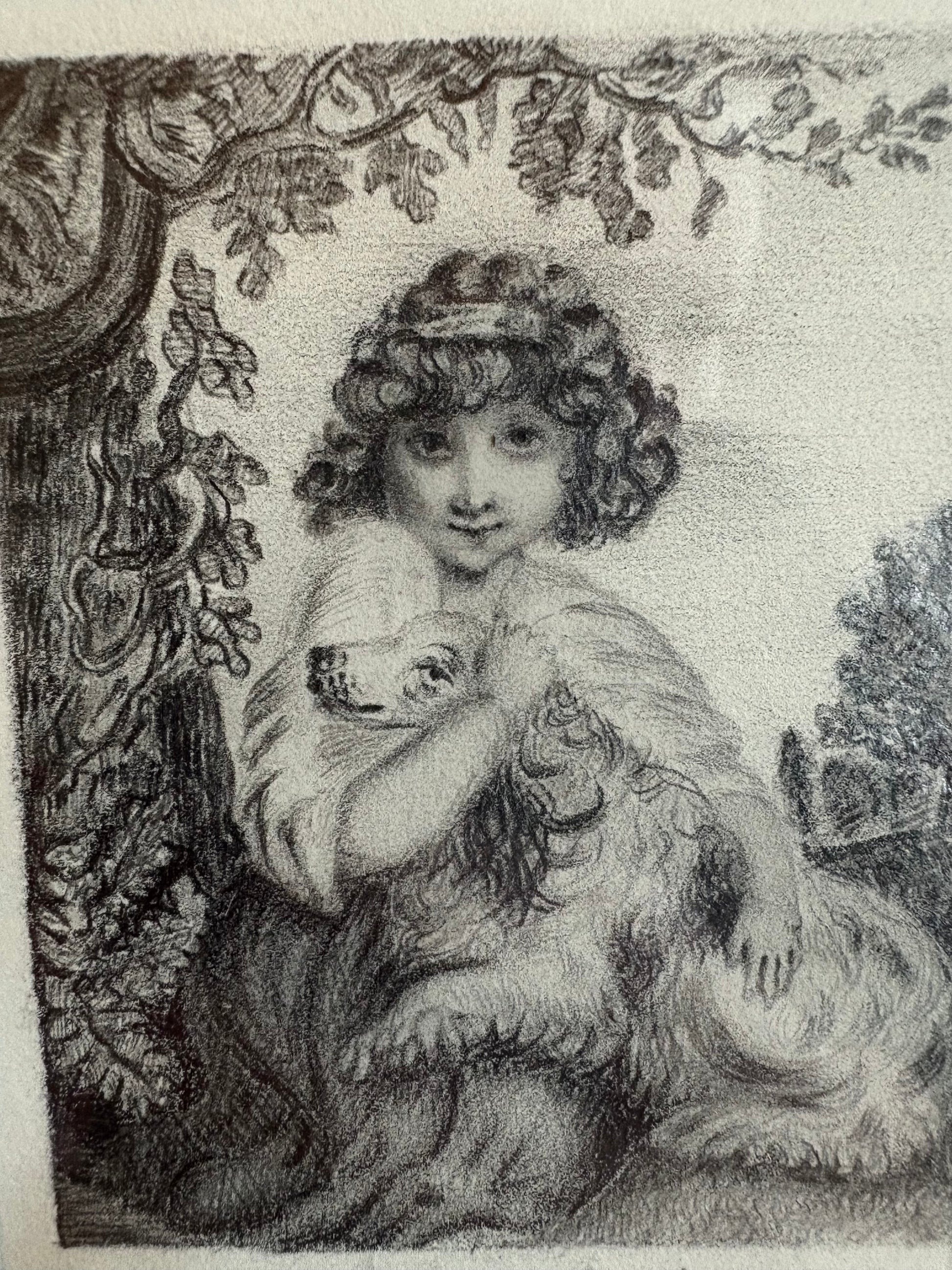 1830's Georgian original pencil drawing painting, Mary-Anne Glasscott, girl with dog