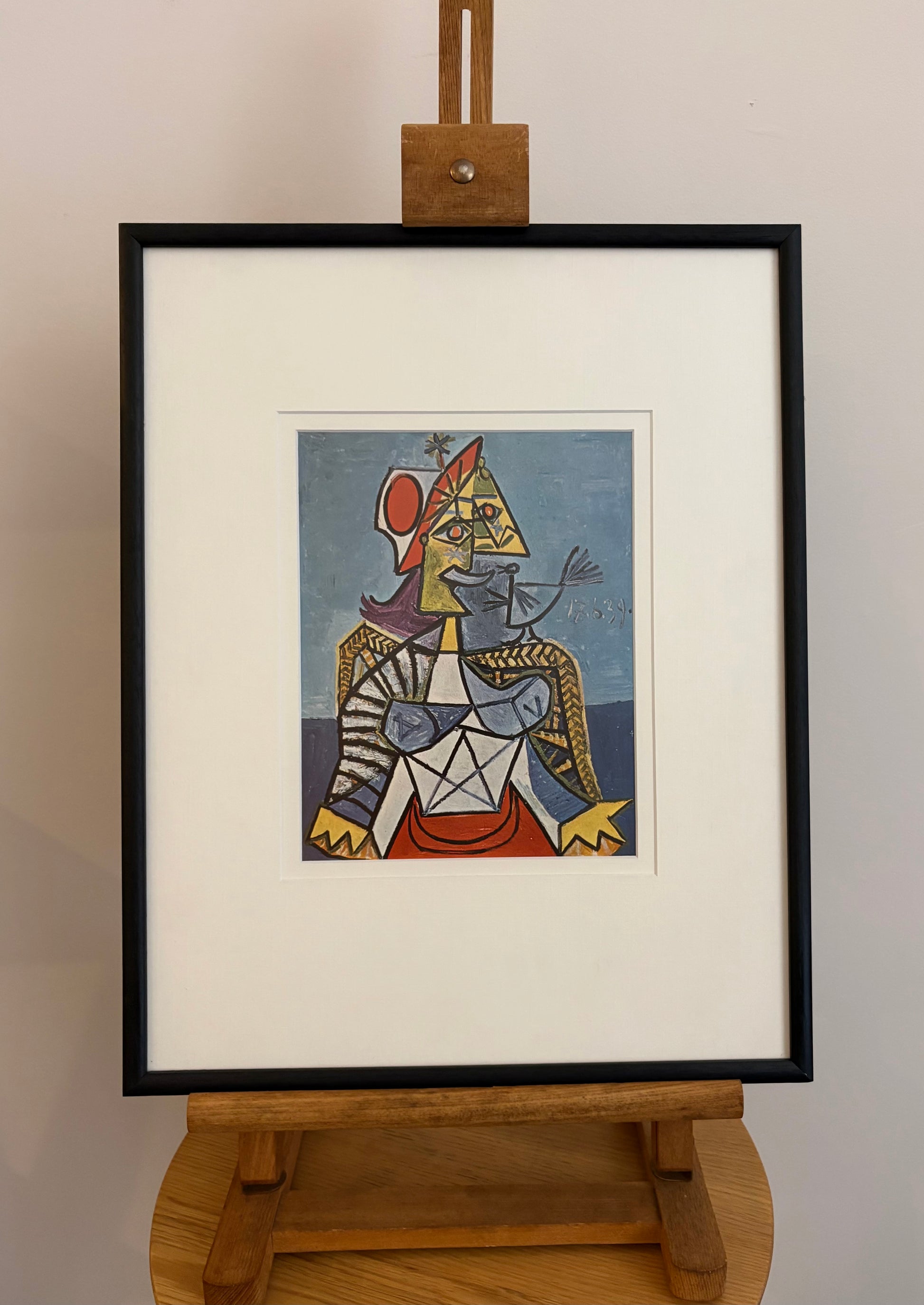 1960s Picasso print, portrait, vintage framed art, “Woman with Bird”, Mid Century