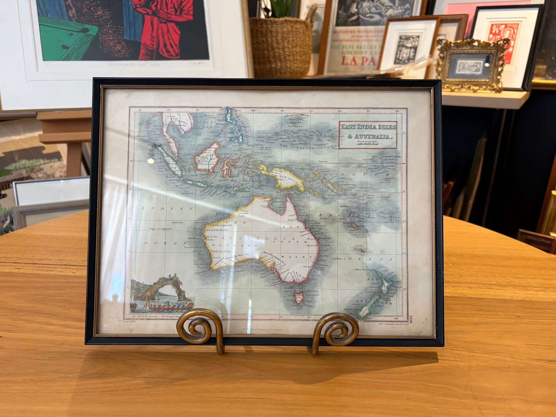 1819 antique map of Australia and surrounds, engraved, hand coloured, Thompson & Co, vintage framed