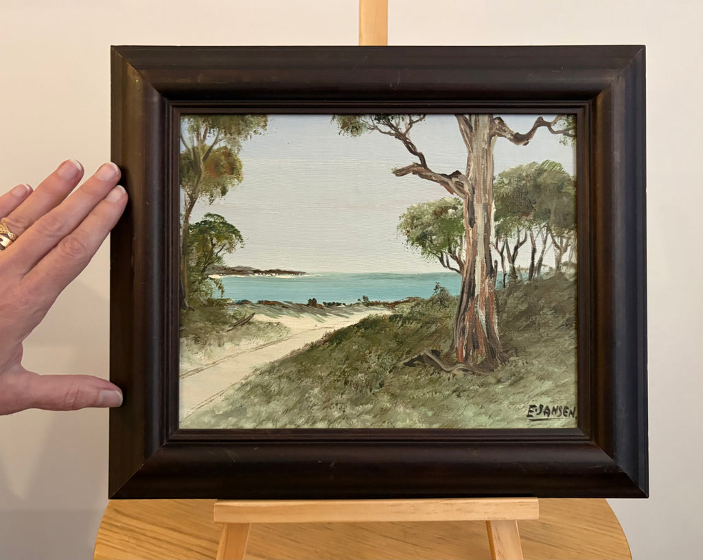 Original Australian landscape painting, vintage framed art, beach