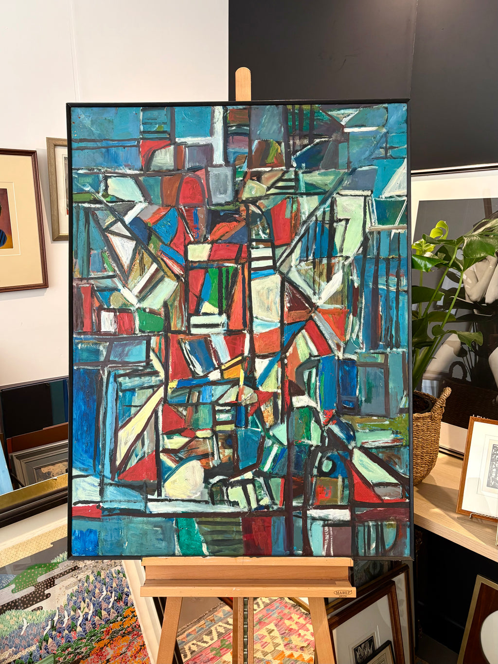 Large Mid Century original abstract Cubist painting on board, framed vintage art
