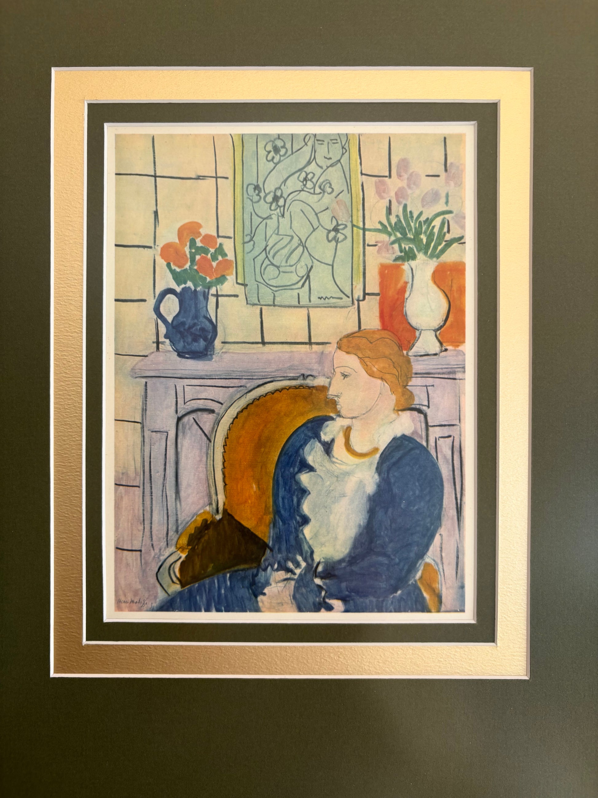 1939 Vintage Henri Matisse fine art print, "Woman in Blue", framed art, mid-century wall art
