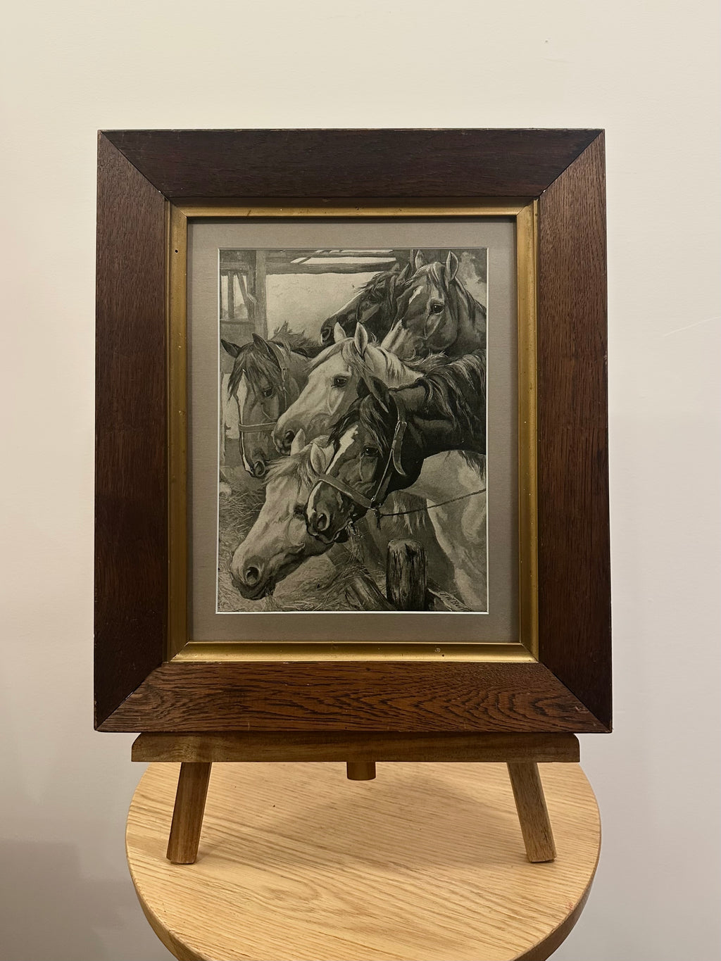 1906 Antique print, horses, FW Burton, oak framed artwork