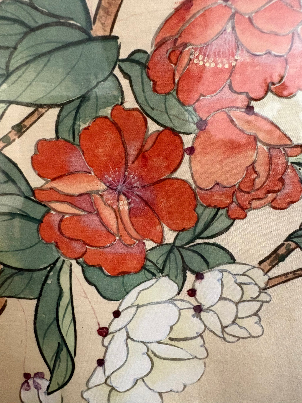 Vintage original Asian painting on silk, bird, flowers, framed art