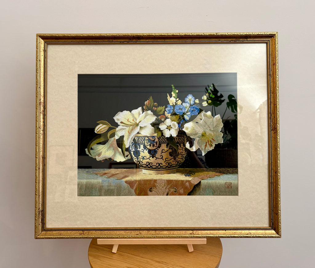 Original handmade silk embroidery artwork, framed vintage art