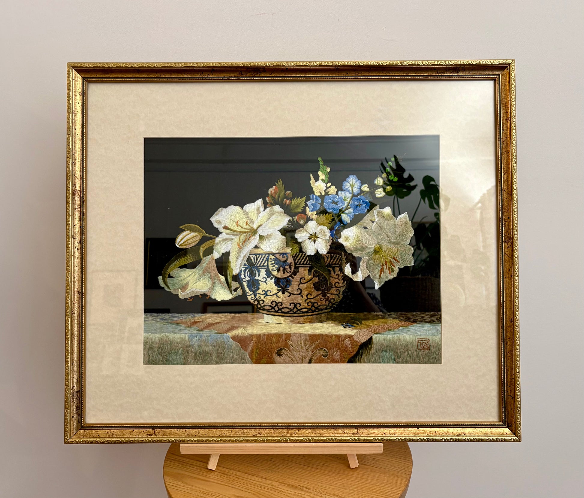 Original handmade silk embroidery artwork, framed vintage art