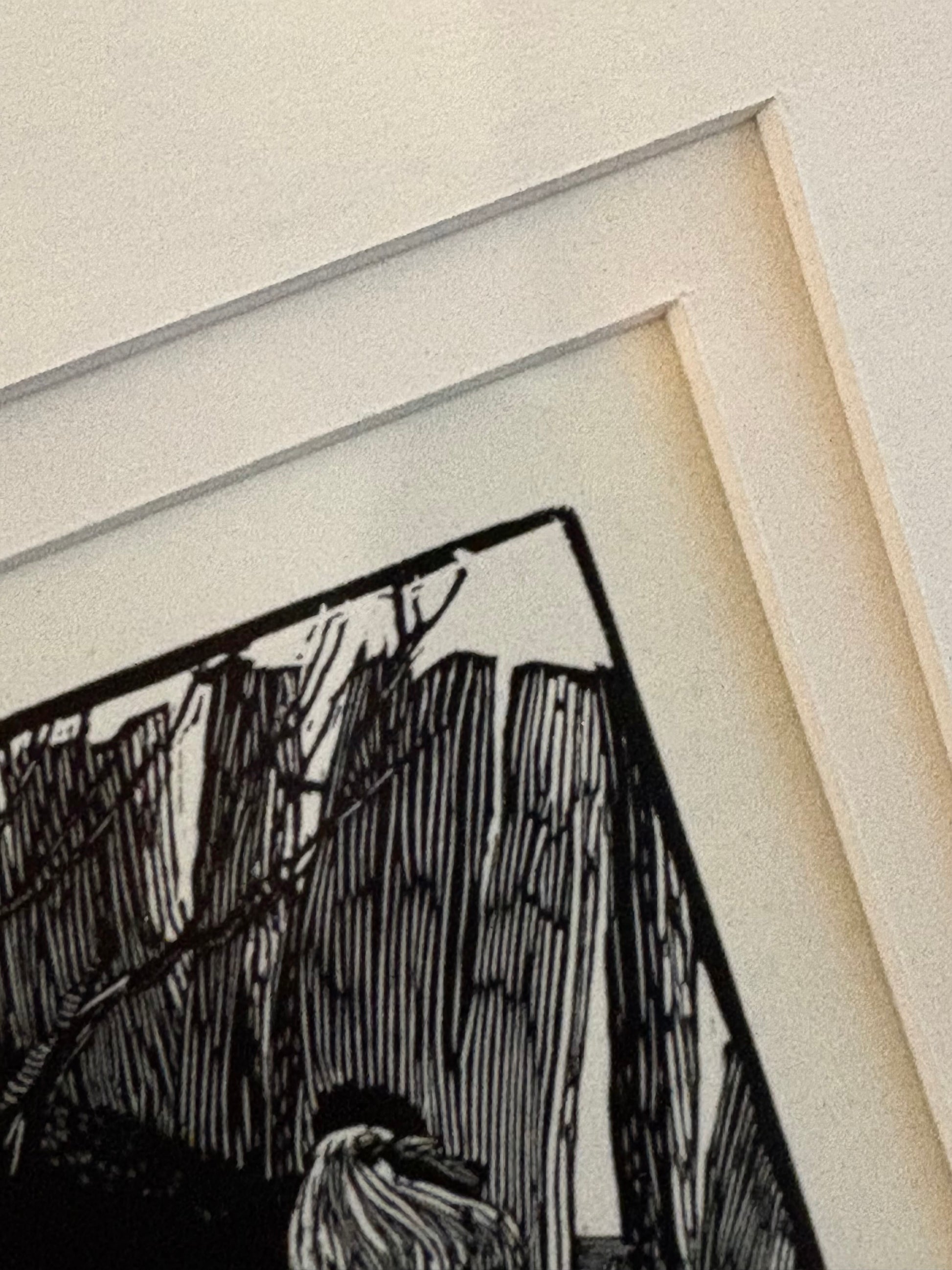 Original Helen Ogilvie woodblock print "The White Rooster", framed art, farmyard birds, Australian artwork