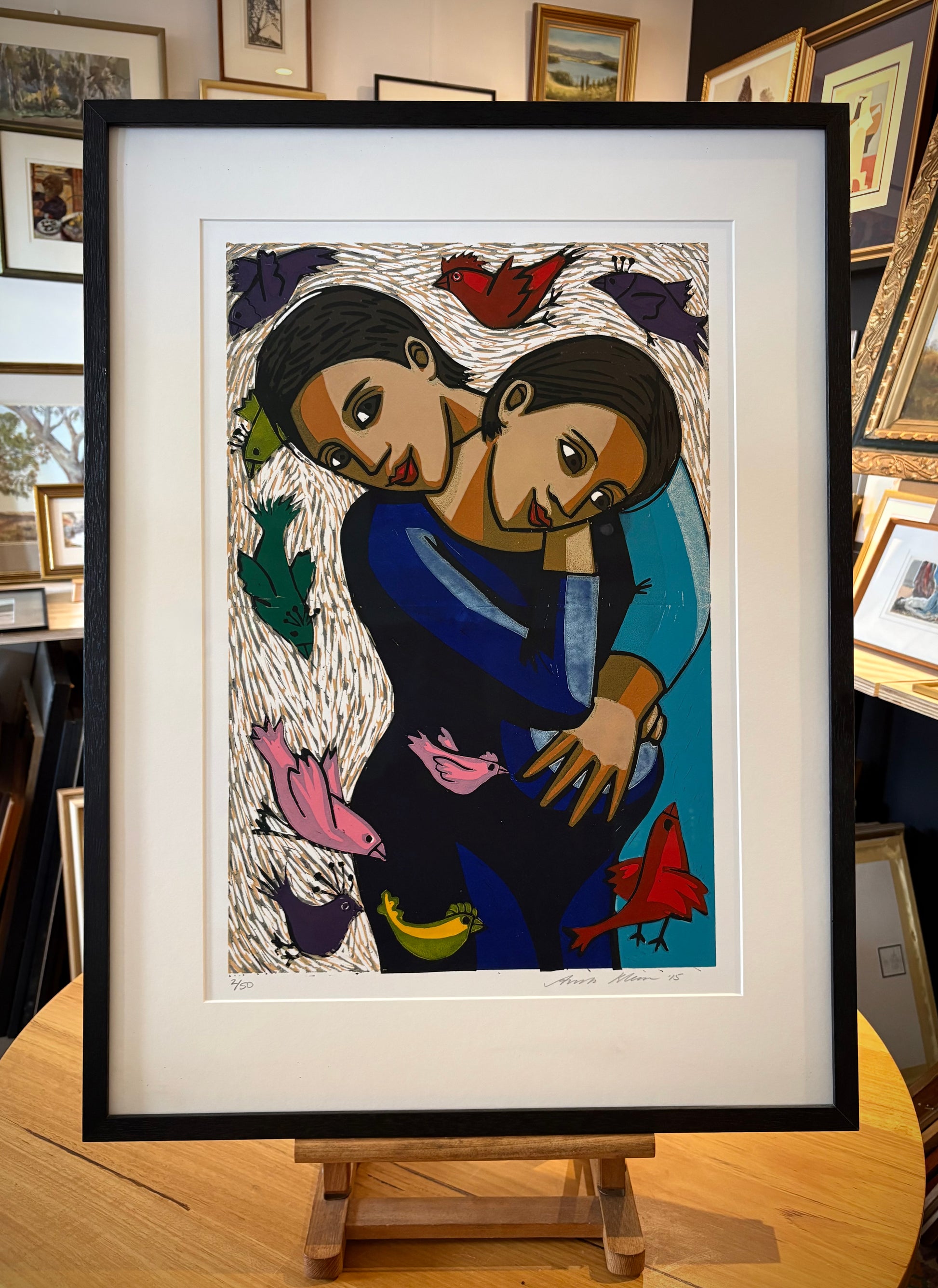 Large original linocut print, Anita Klein, The Birds and the Grandchild, framed art