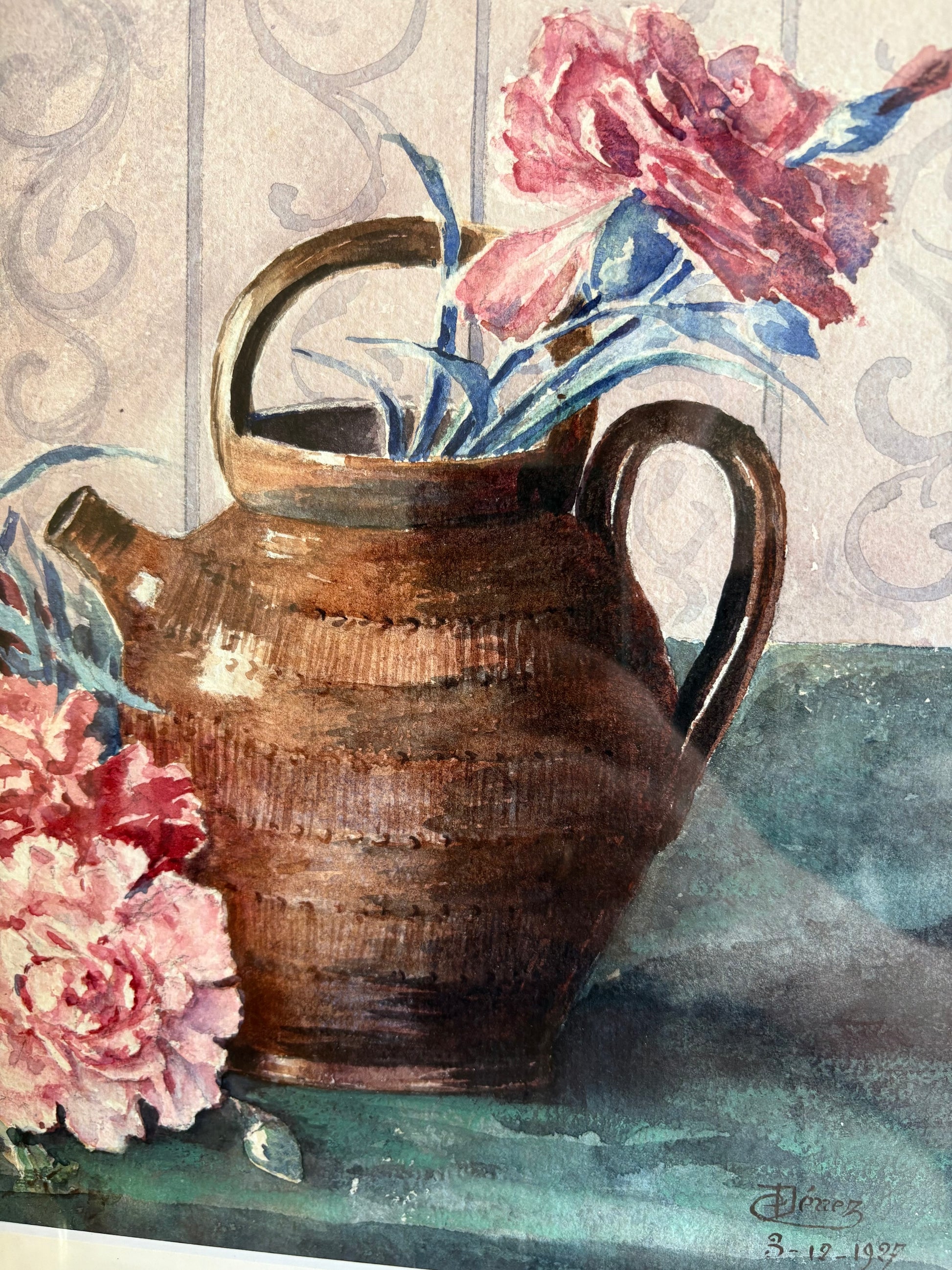 Original 1927 French antique watercolour painting, framed vintage art