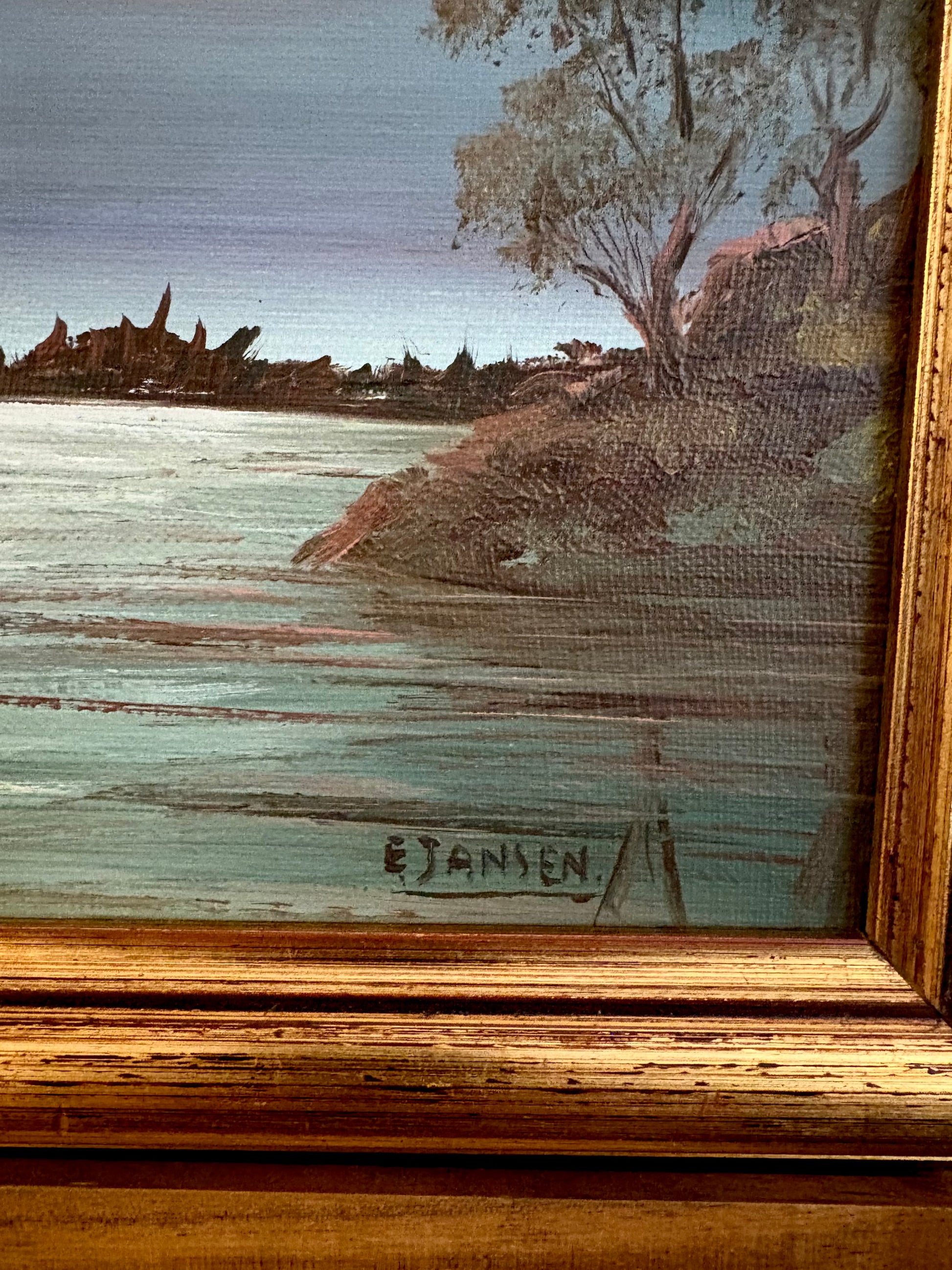 Original Australian landscape painting, vintage framed art, moonlight