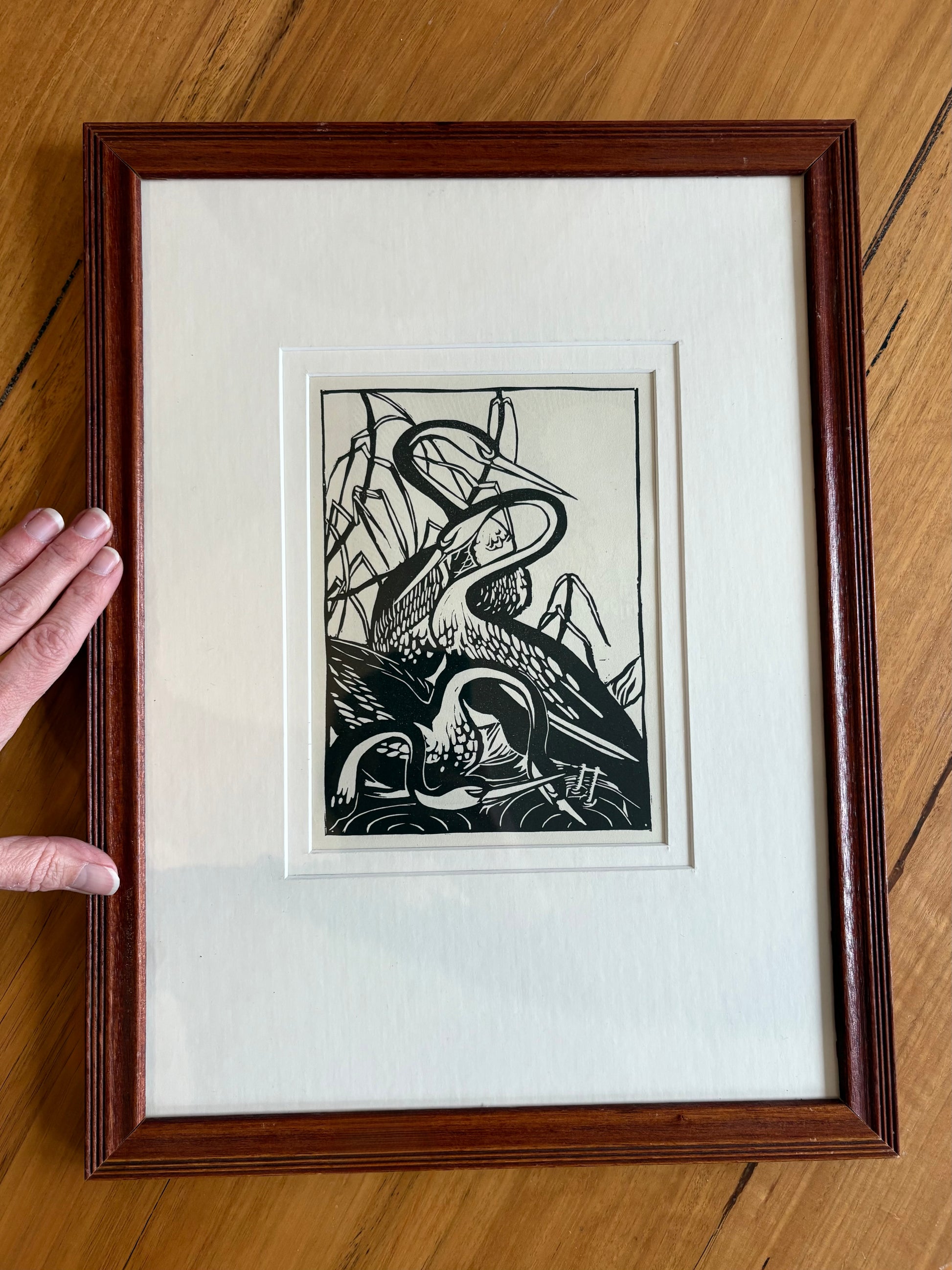 1934 Genuine vintage Betty Caddy bird print, "Snakebirds," Art Deco, cranes, framed wall art