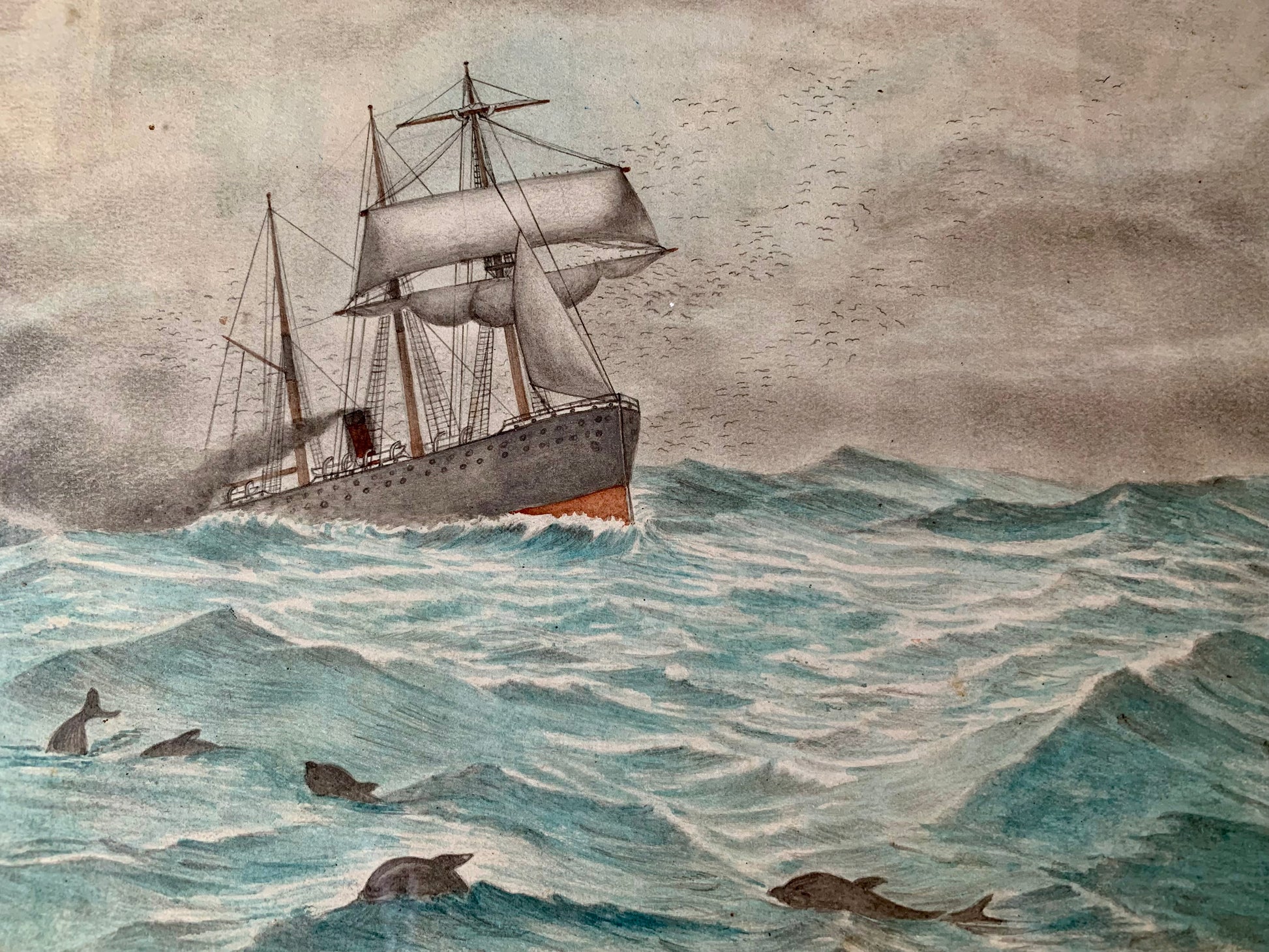 1900s Original watercolour painting, ship, antique framed art