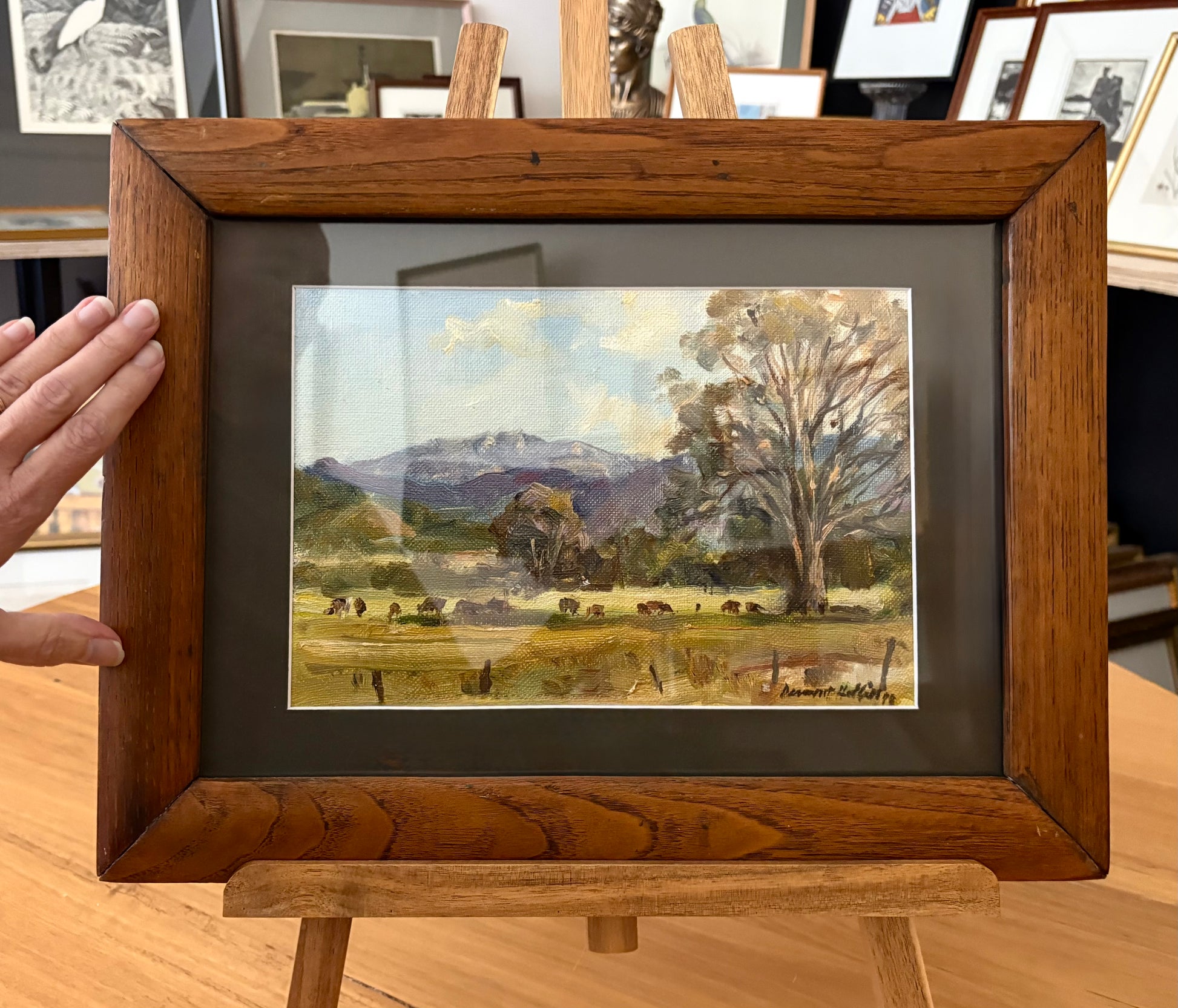 Mid Century original oil painting, Dermont Hellier, Australian bush, cows, framed art