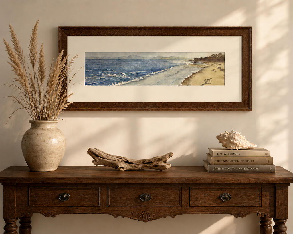 Original watercolour painting, John Flexmore, coastline, vintage framed art