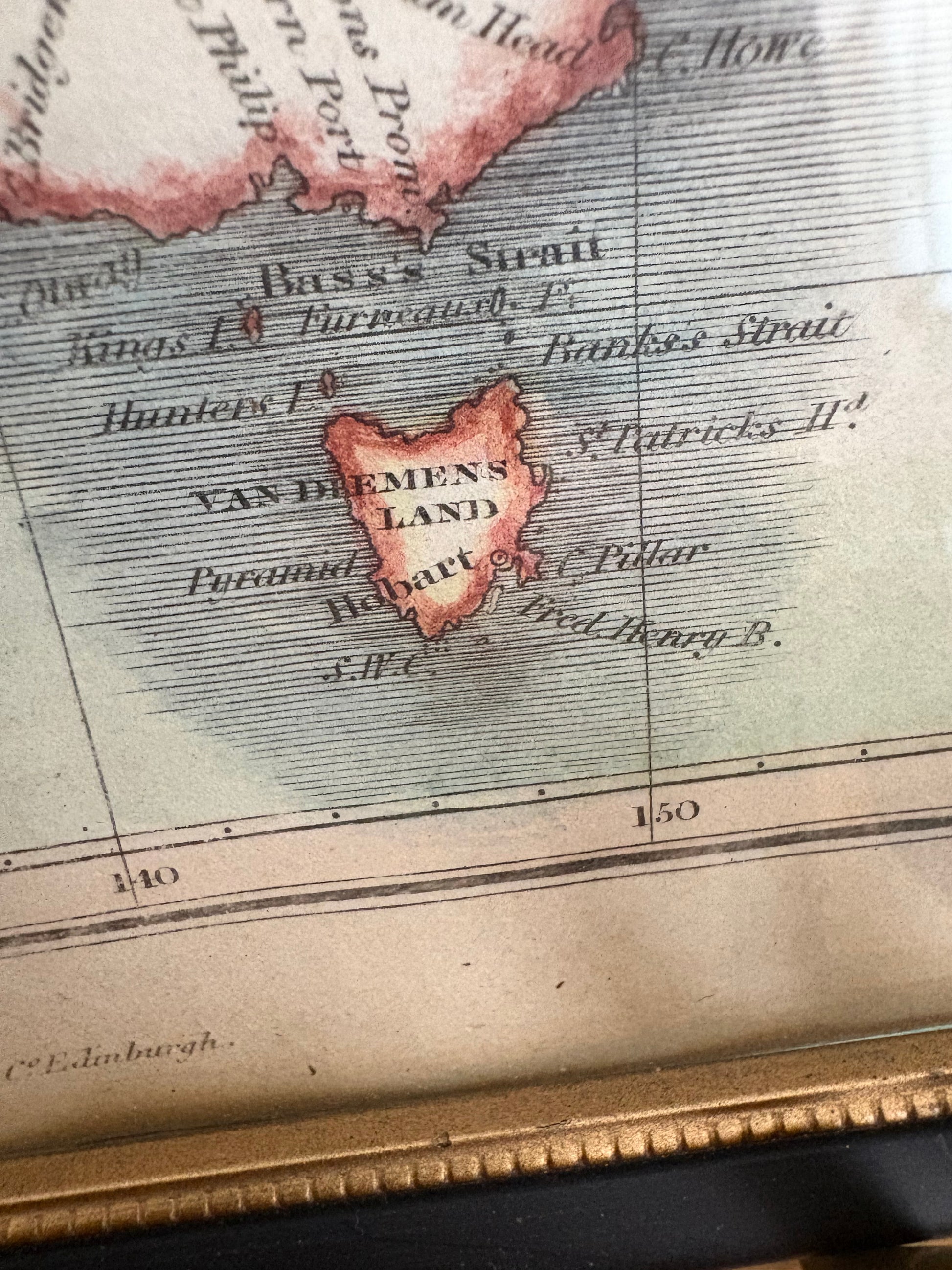 1819 antique map of Australia and surrounds, engraved, hand coloured, Thompson & Co, vintage framed