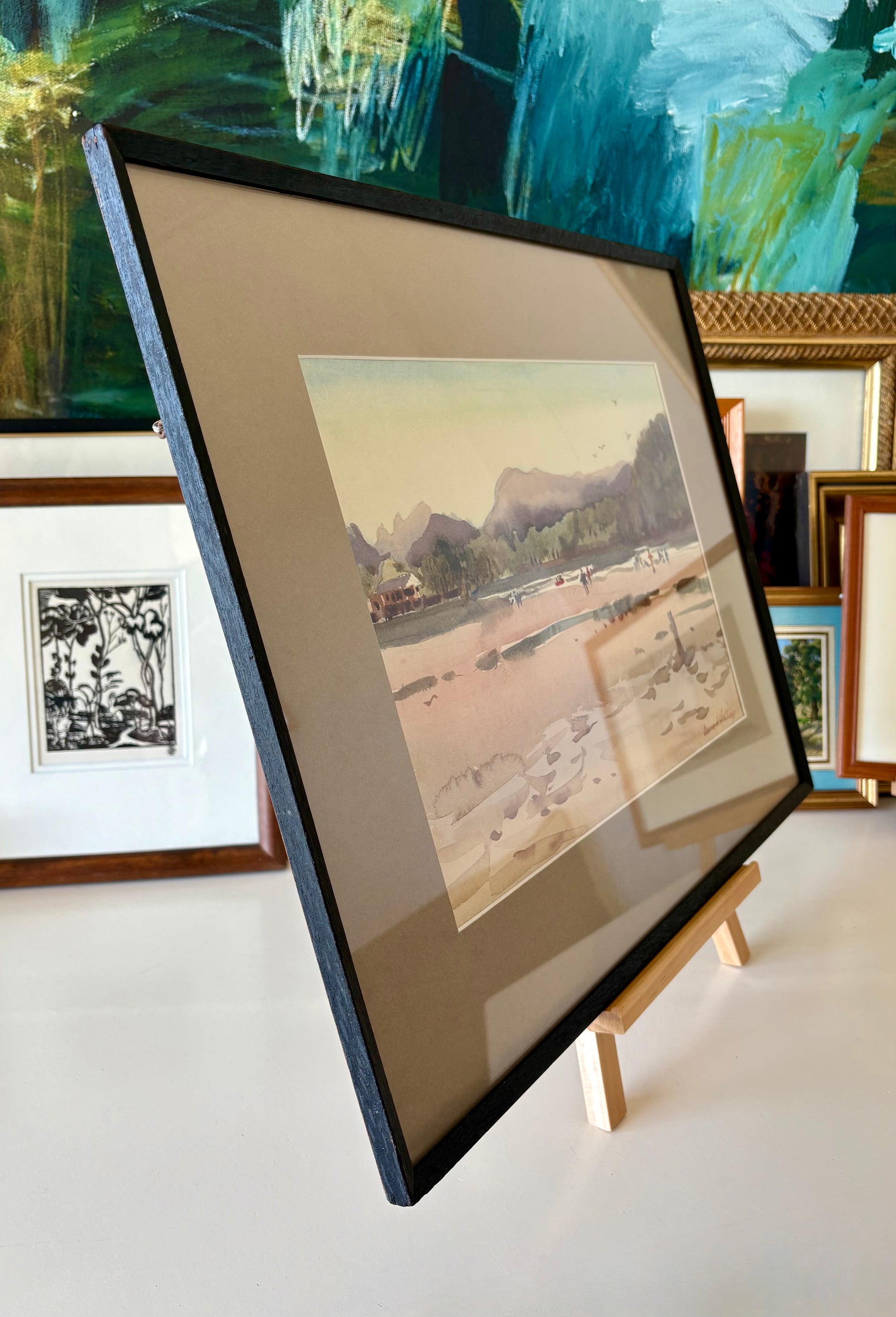 Mid Century original watercolour painting, Dermont Hellier, Australian beach, framed art