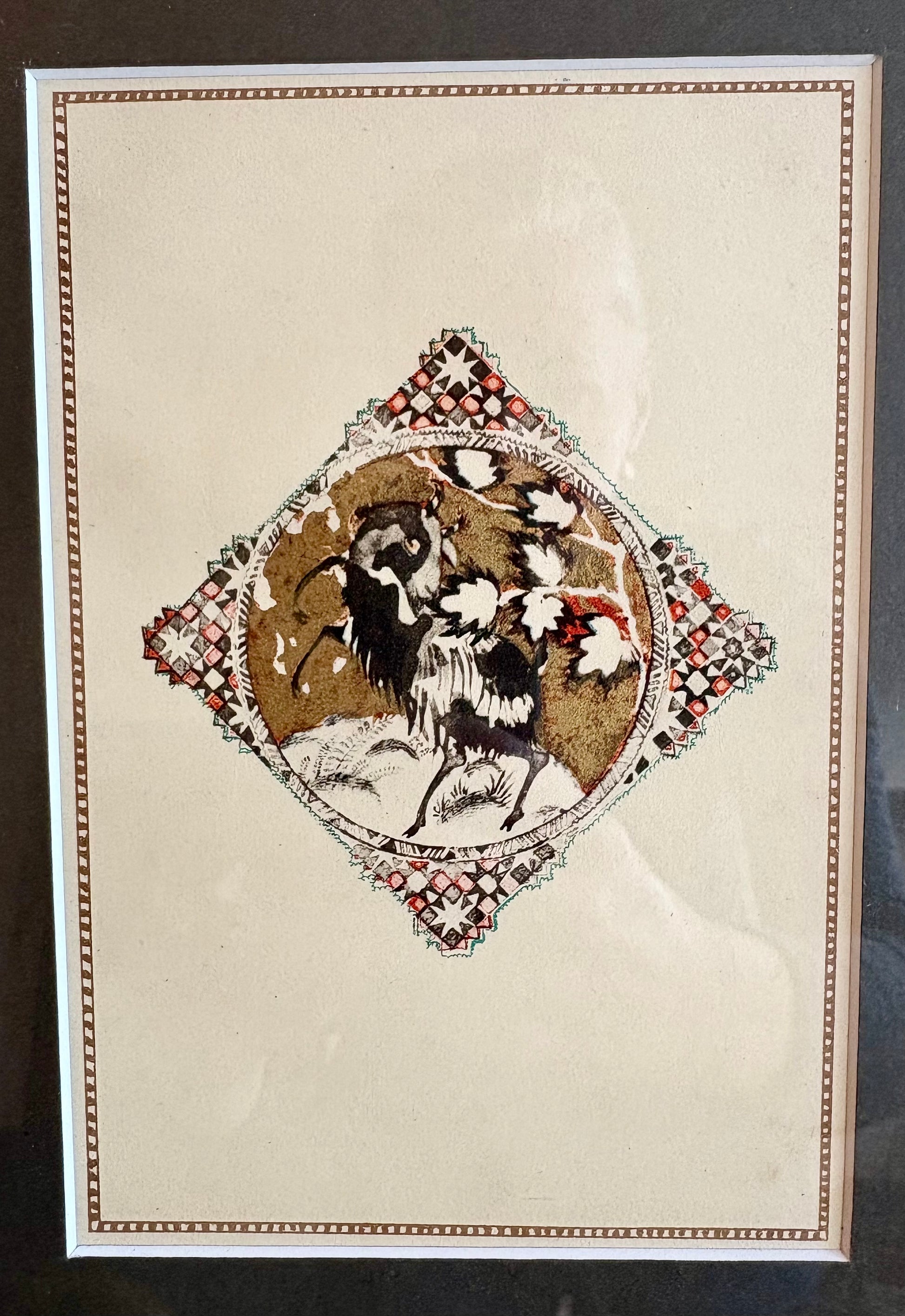 1925 Mariette Lydis gilded offset lithograph, goat, portrait, framed art, Art Deco