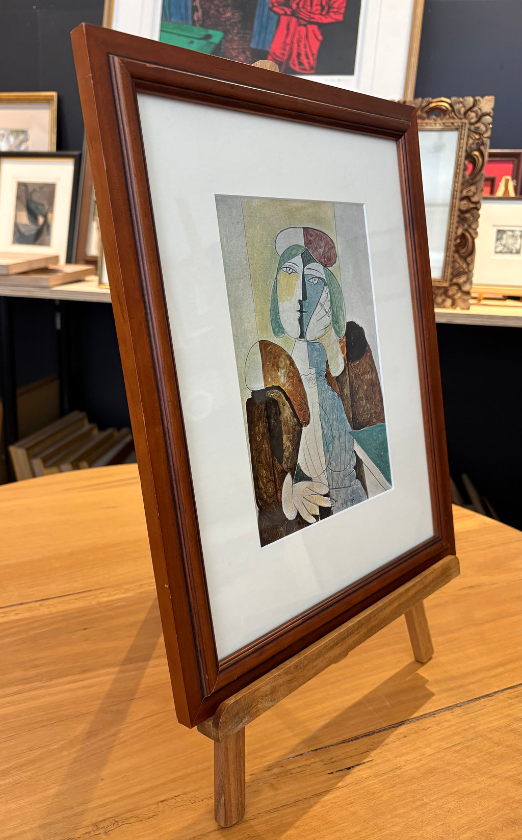 1960s Picasso print, portrait, vintage framed art, “Woman with Red Beret” Mid Century