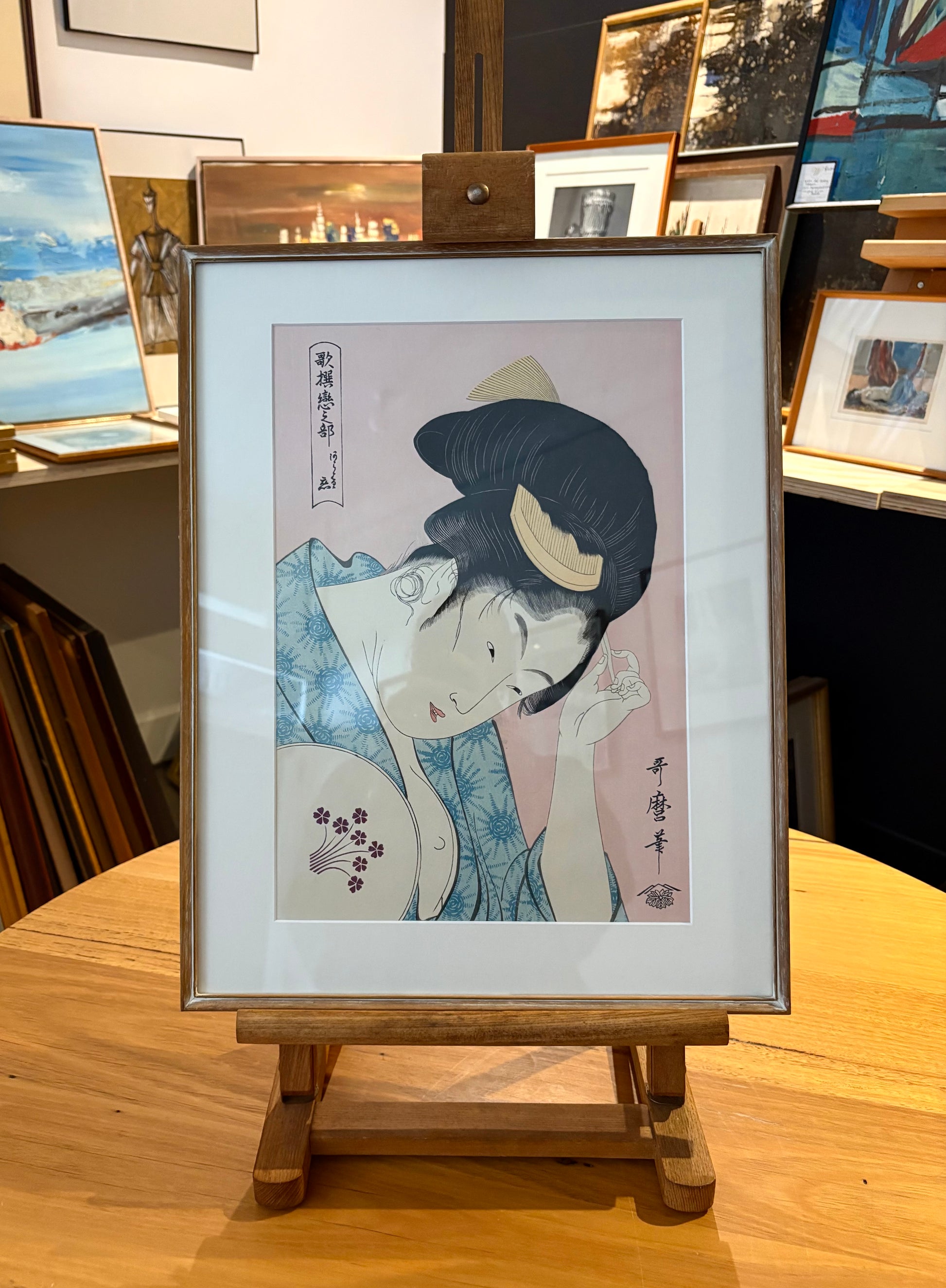 Original woodblock print, reproduction after Utamaro, framed Japanese vintage art