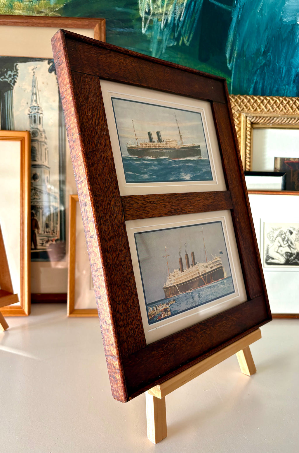1920s Antique Australian ship prints, pair, silky oak frame