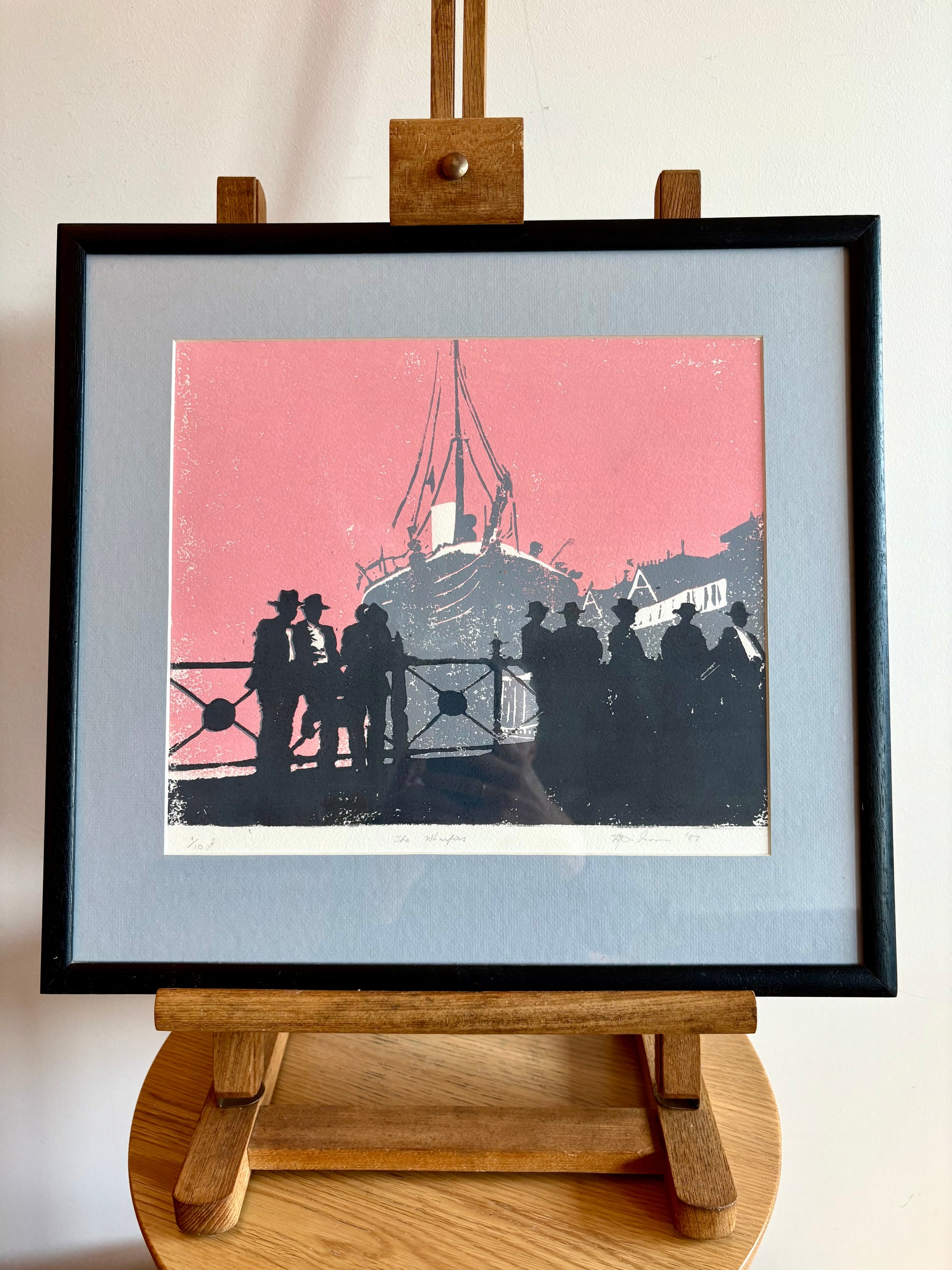 Original vintage lino print, signed R. Wilson, 1987, "The Wharfies", editioned 1/10, retro