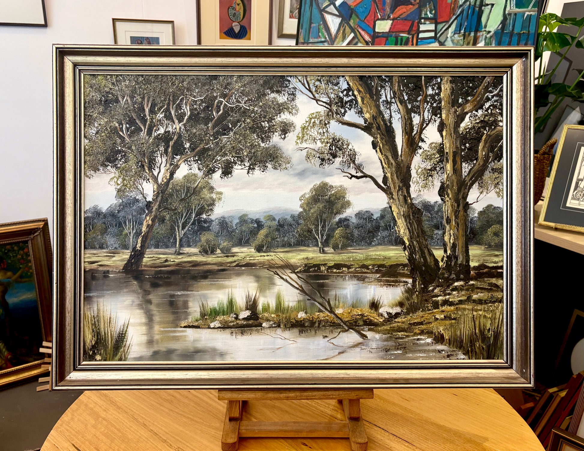 Large 1974 original Joan Lehmann oil painting on canvas, Australian landscape, framed art