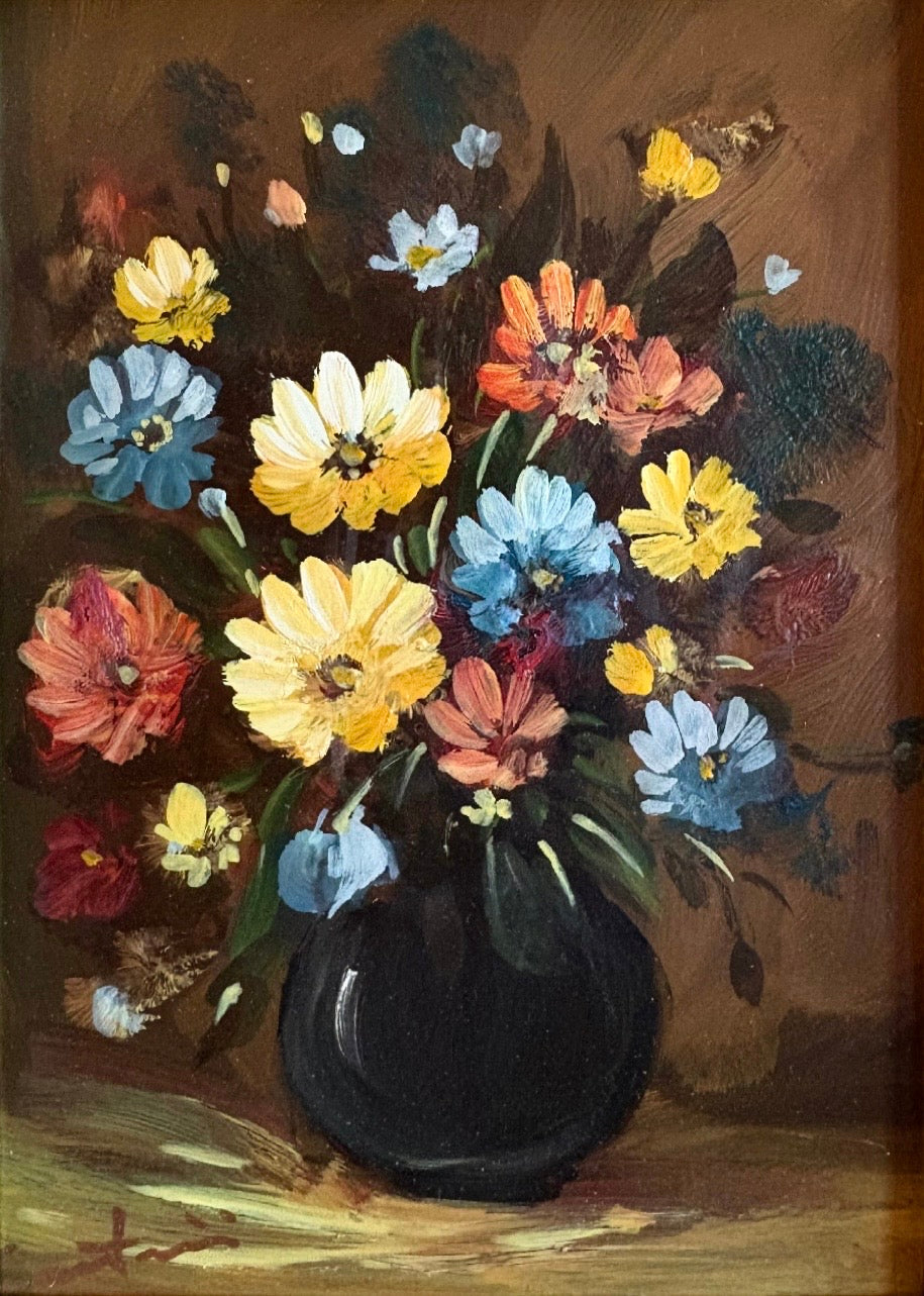 Original still-life painting on copper, daisies, framed art