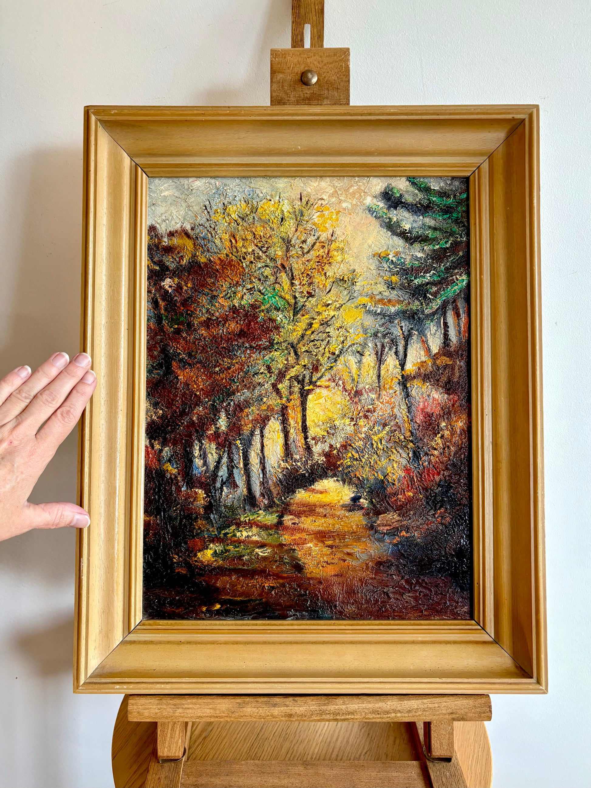 Mid Century original oil painting, Autumn Path, vintage framed art