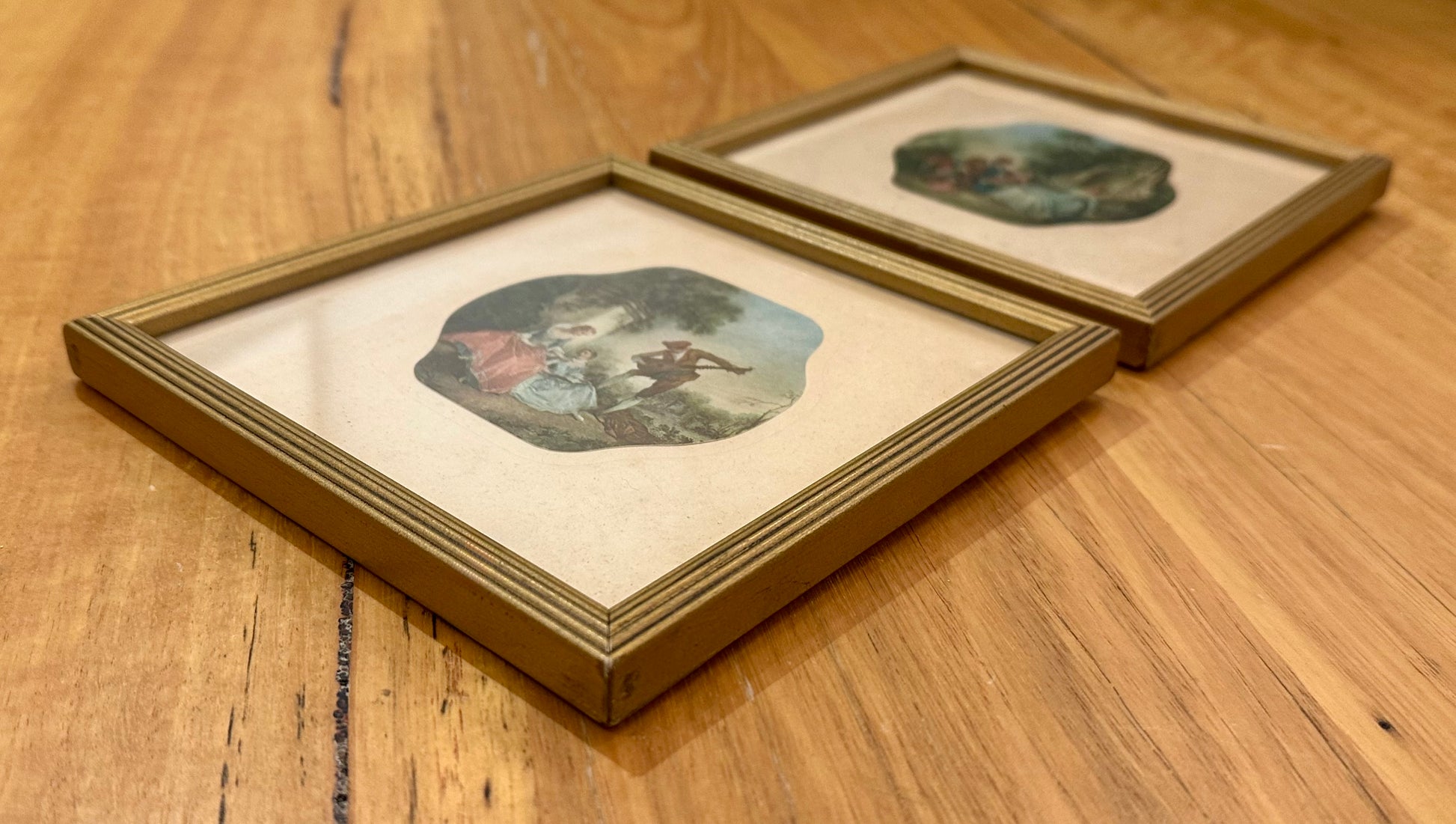 Pair of French mid century prints, Baroque, miniatures, vintage framed art