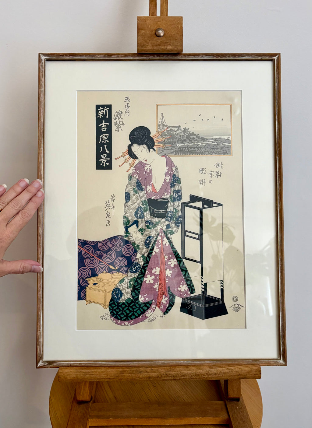 Original woodblock print, reproduction after Kitagawa Eizan, framed Japanese vintage art