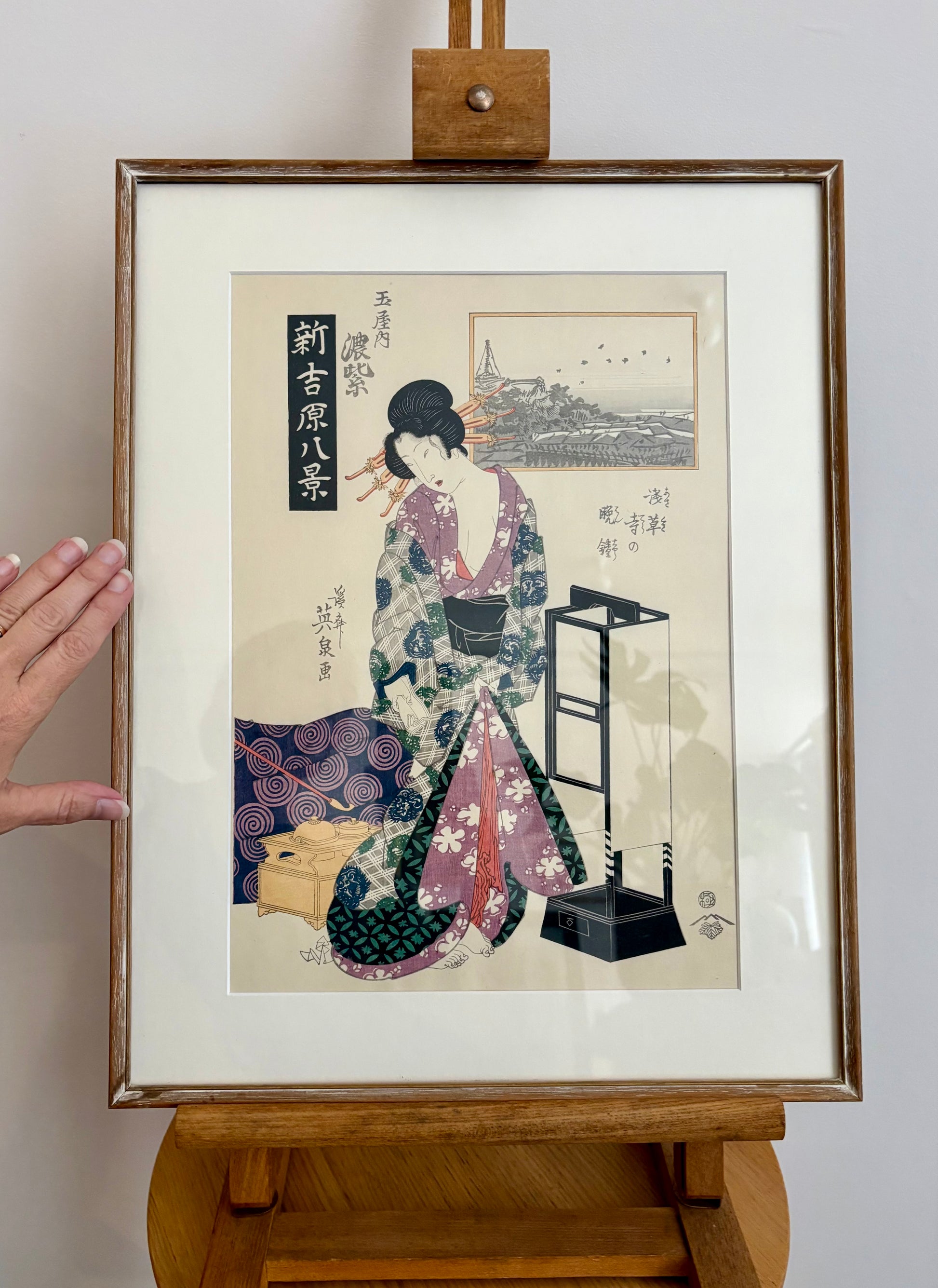 Original woodblock print, reproduction after Kitagawa Eizan, framed Japanese vintage art