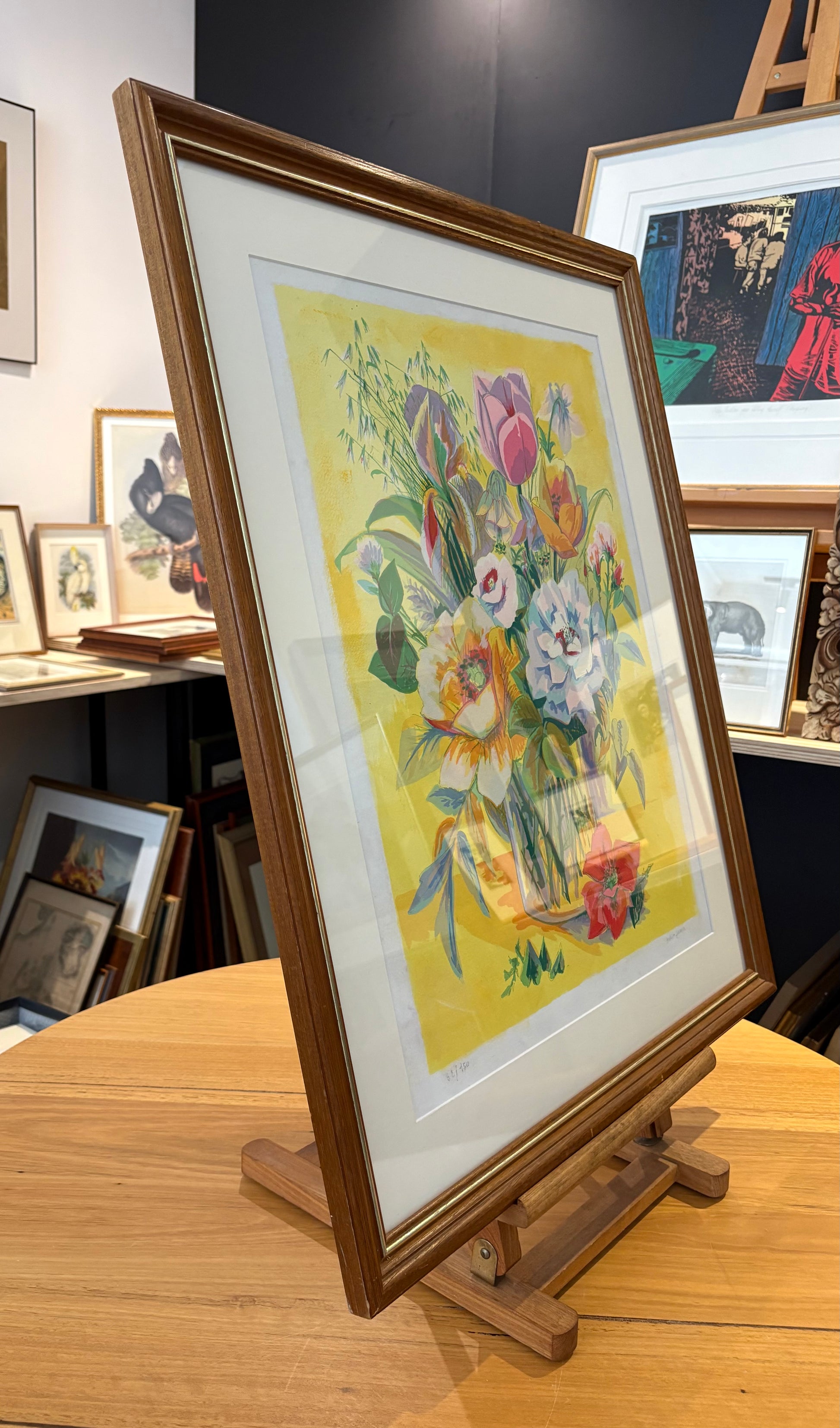 Large limited edition lithographic print, signed, floral bouquet, vintage