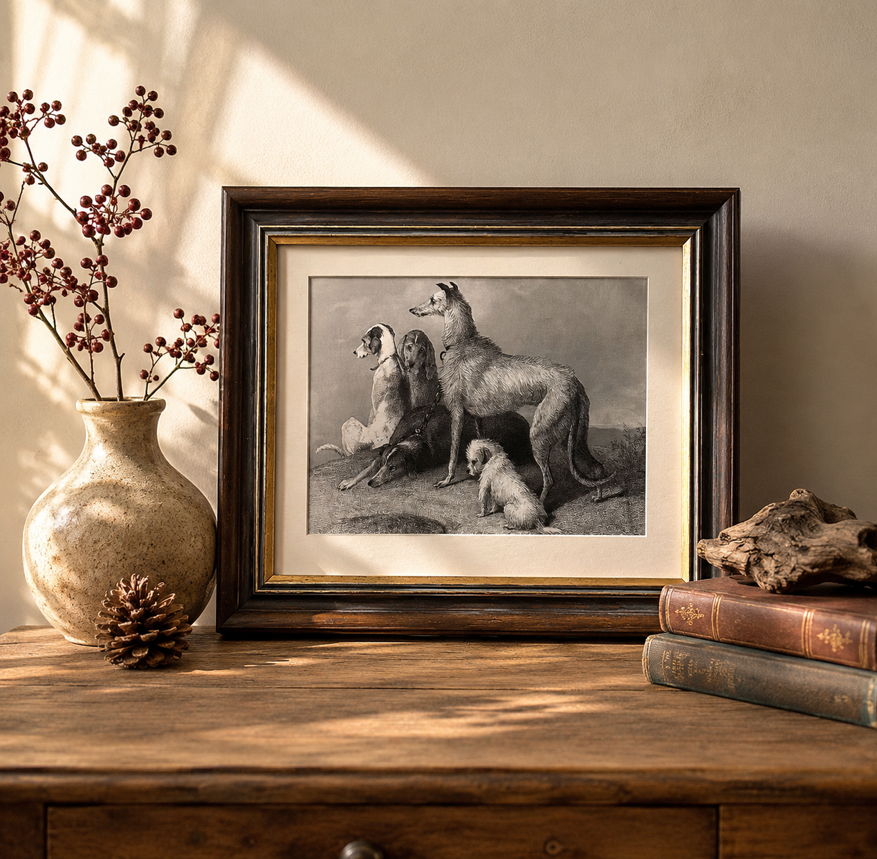 1870s antique engraving, Edwin Landseer, hunting dogs, framed art