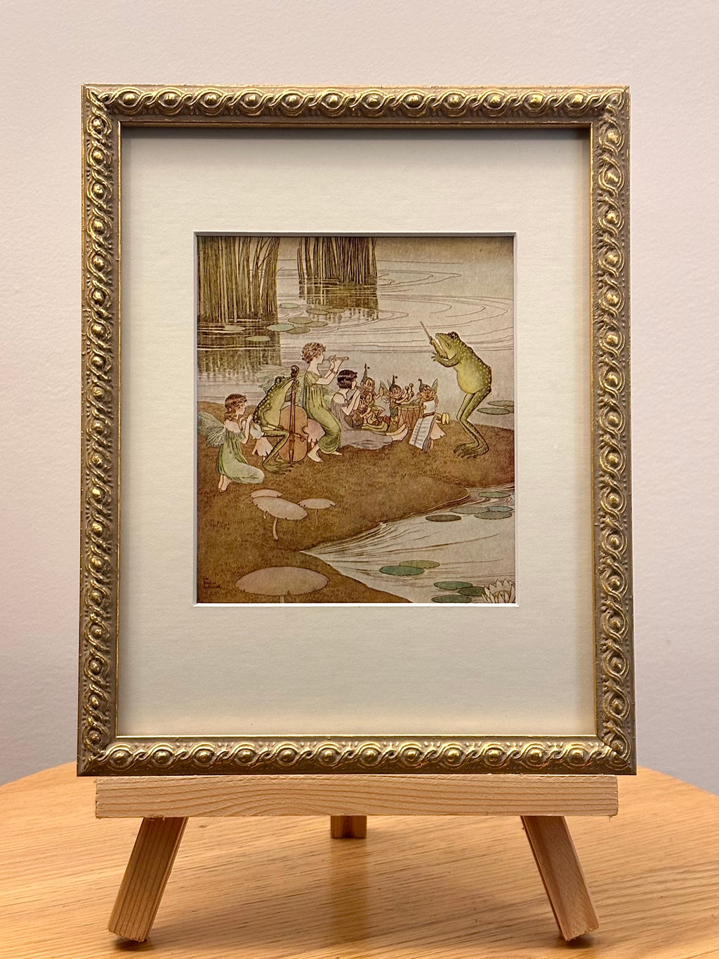 1921 Genuine antique print, Ida Rentoul Outhwaite, fairy with frog, gilt framed art