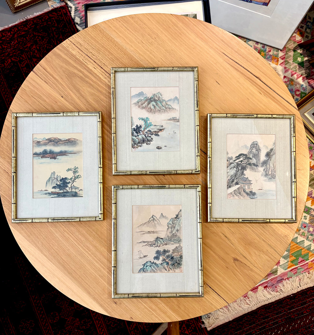 1950s vintage set of 4 Chinese original landscape paintings, framed art