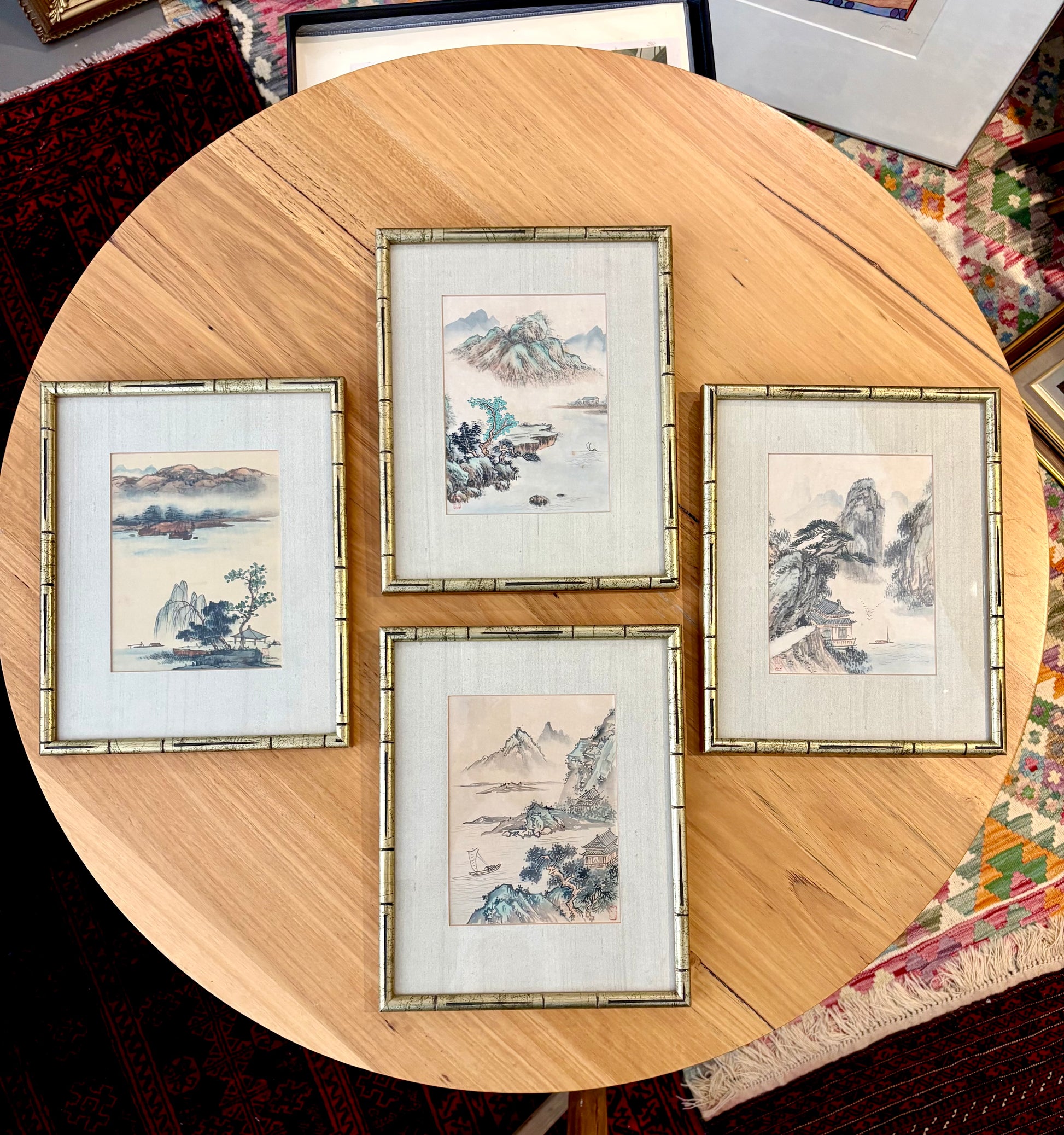 1950s vintage set of 4 Chinese original landscape paintings, framed art