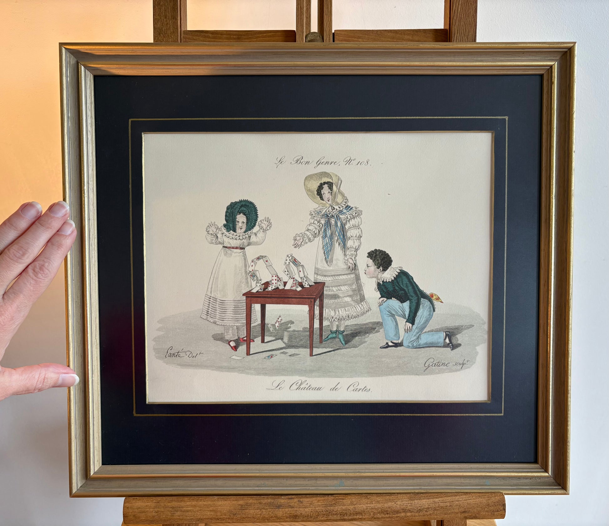 French 1931 engraving, hand coloured, “House of Cards”, antique framed art