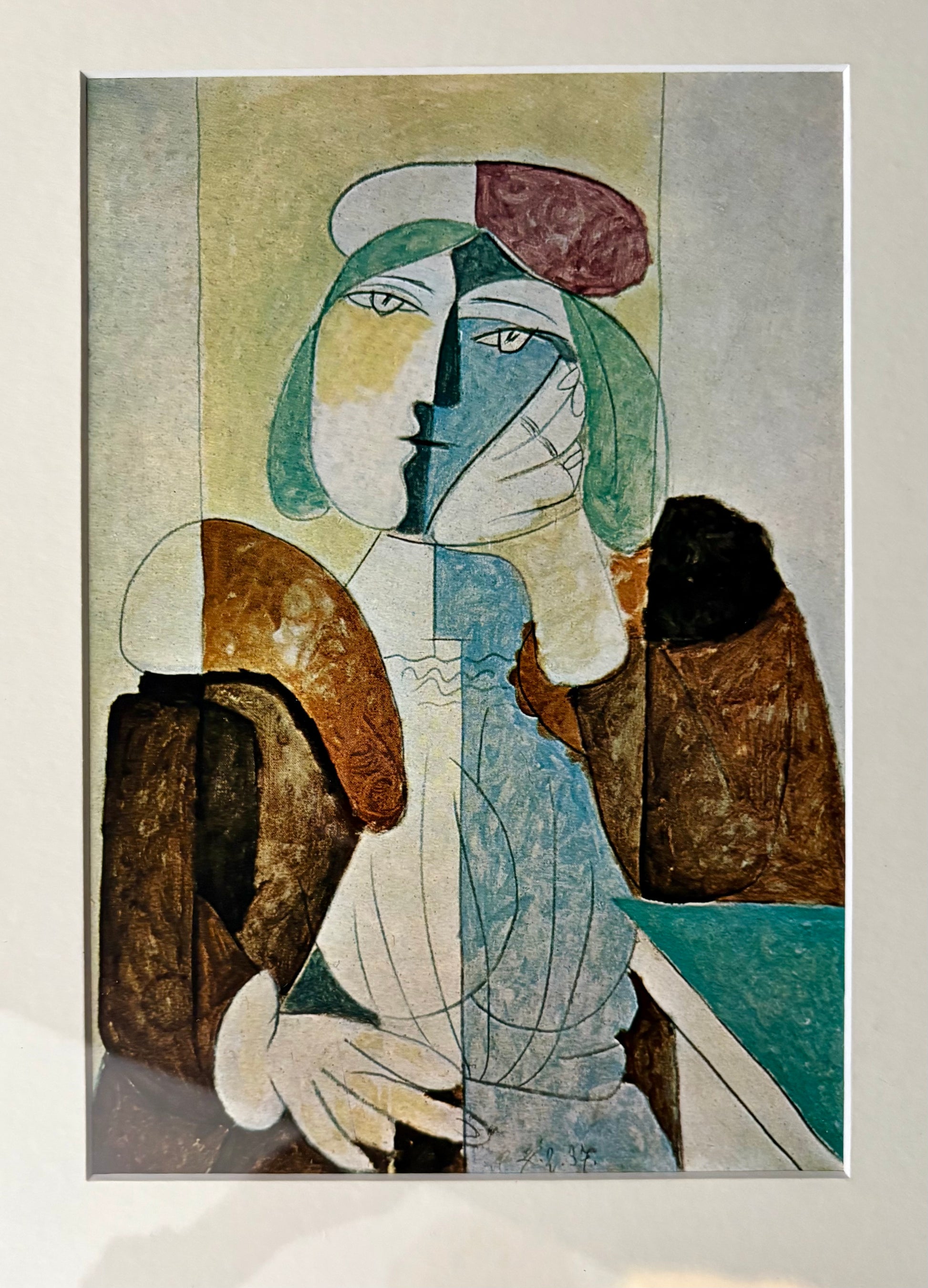 1960s Picasso print, portrait, vintage framed art, “Woman with Red Beret” Mid Century