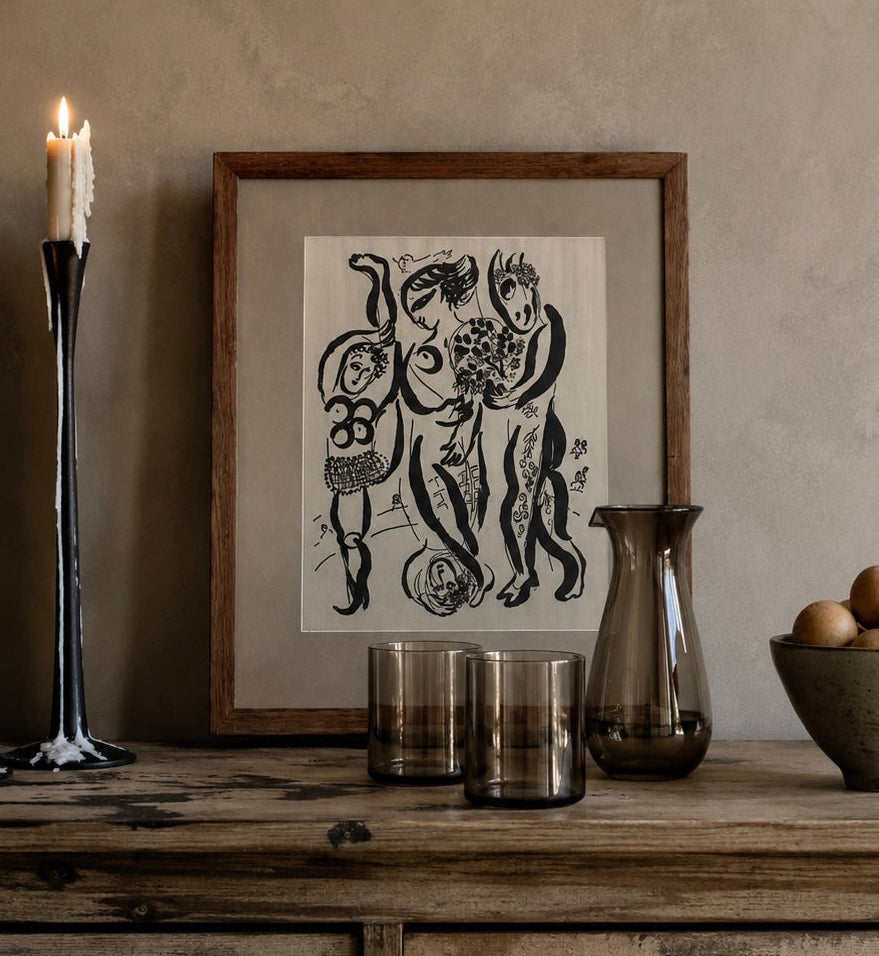 1950s vintage print on cloth, Marc Chagall, Acrobats, framed art, Mid-Century