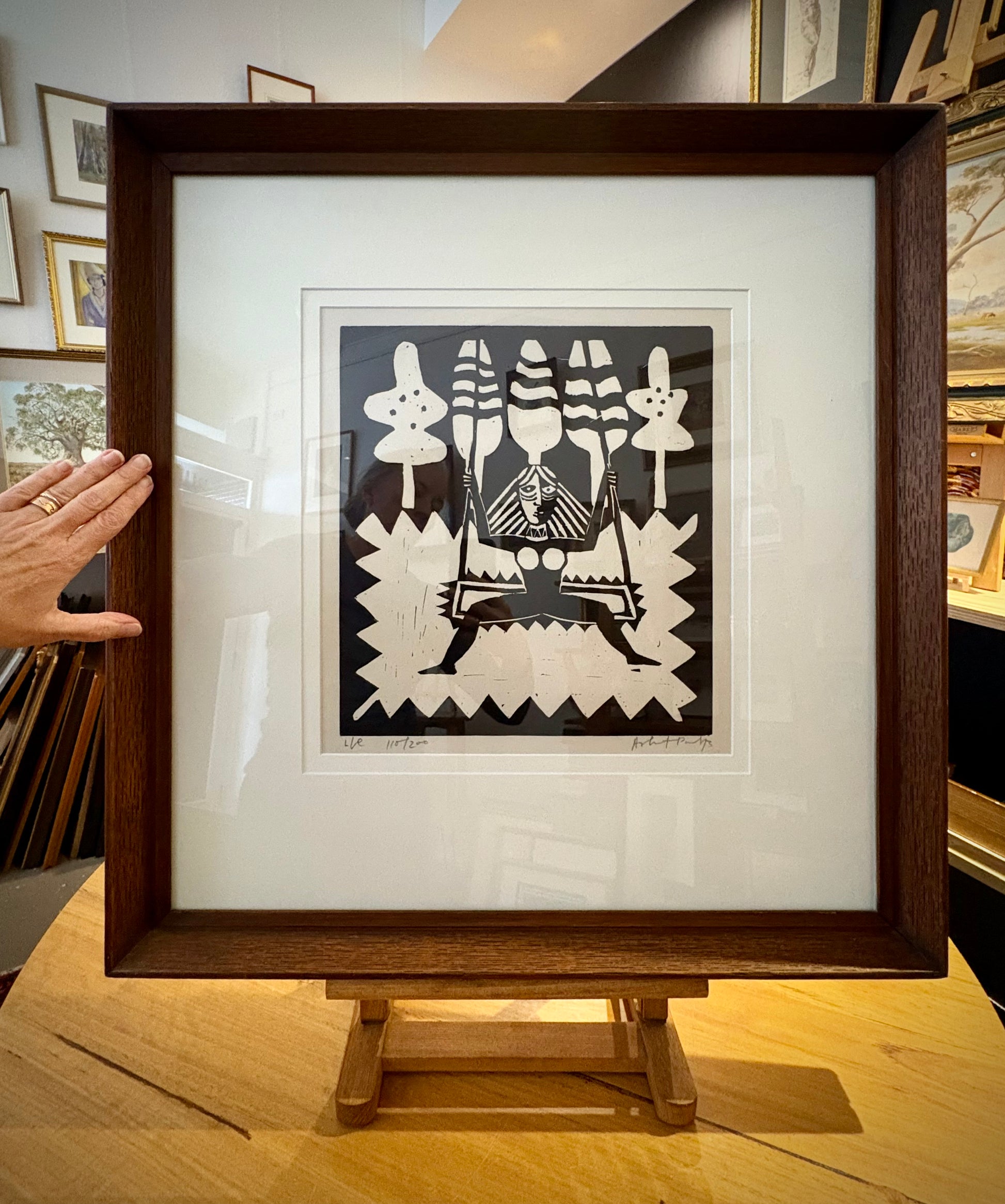 Large 1973 original linocut artwork, Ashit Paul, mythical, vintage framed art