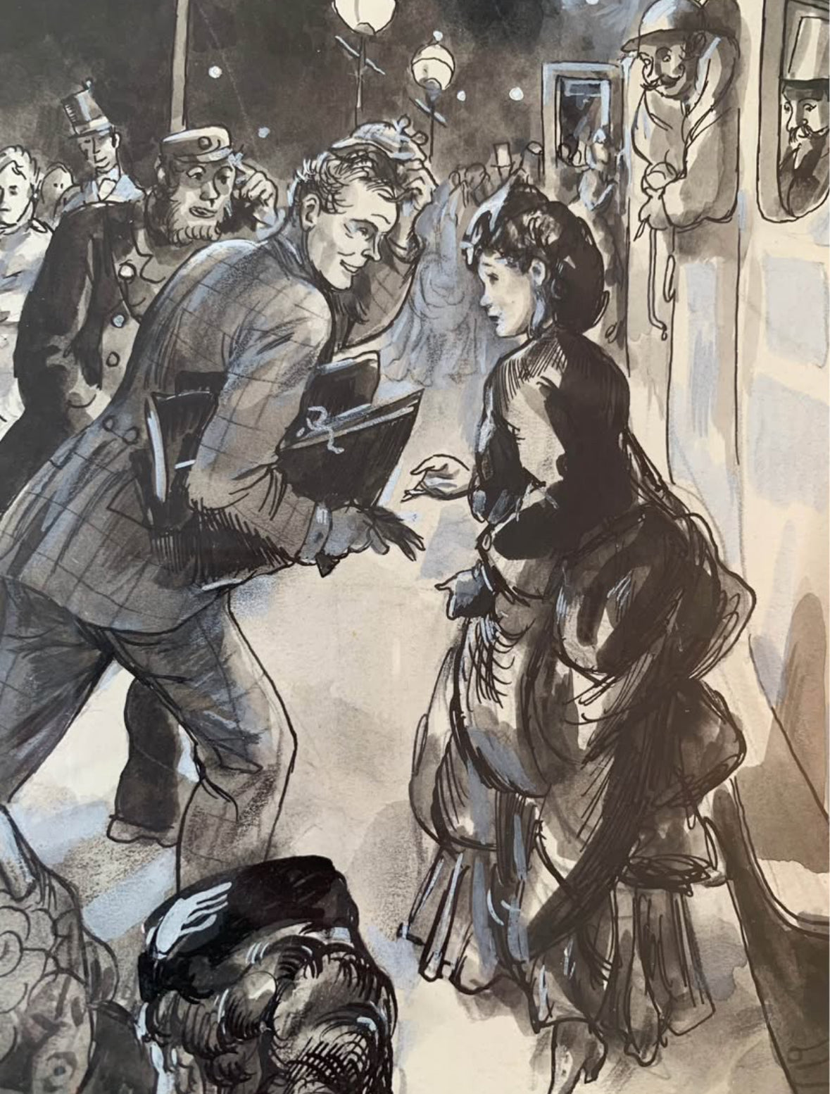 Original Steven Spurrier black and white illustration, circa 1940's artwork, London train station, vintage framed art